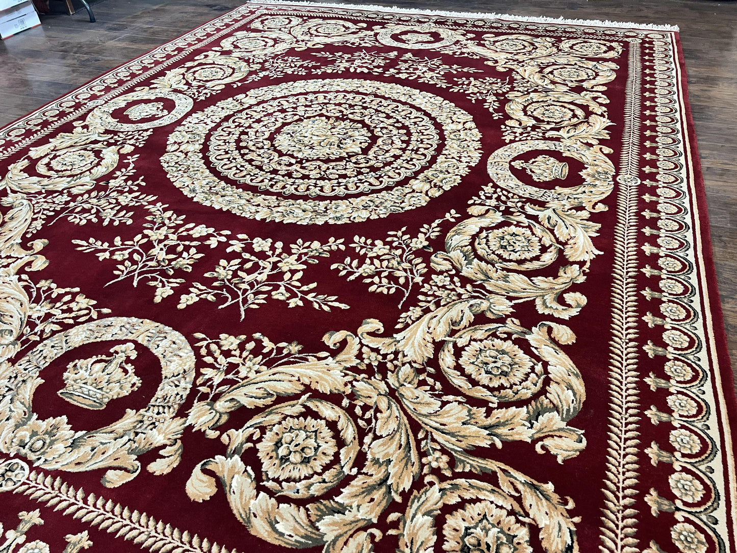 Aubusson Rug 9x12, Wool Handmade Carpet, Elegant French European Design, Dark Maroon Red, 9 x 12 Room Sized Rug, Finely Hand Knotted - Nuvé