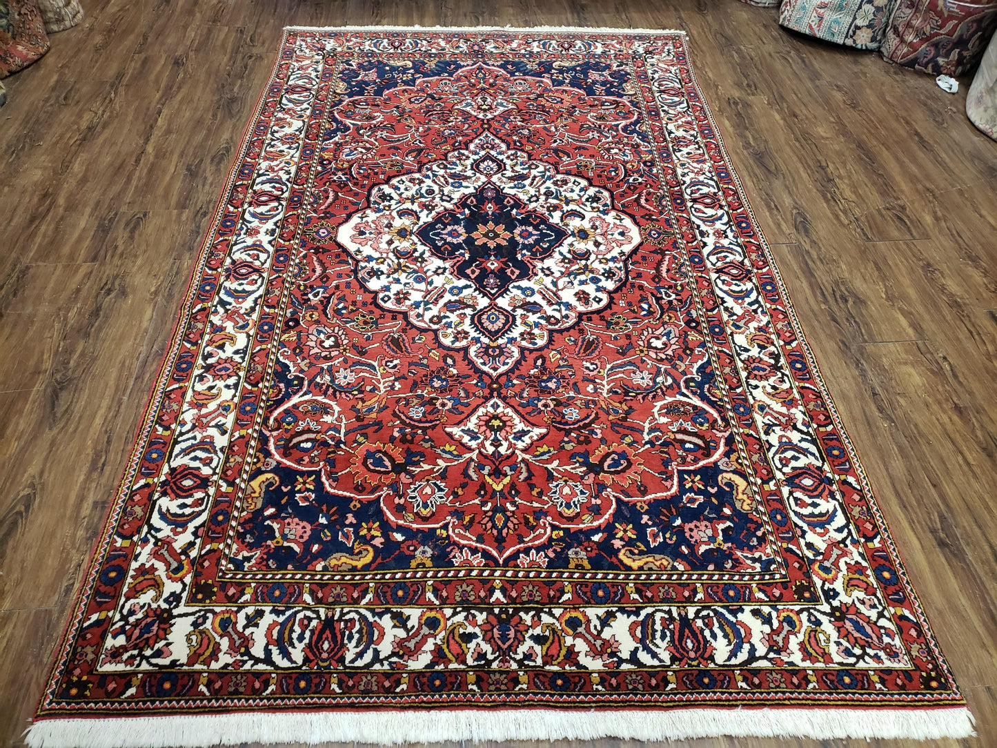 Semi Antique Persian Bakhtiari Rug, Hand-Knotted, Wool, Red, Midnight Blue, Ivory, Floral Medallion, 5'1" x 8' 6" - Nuvé