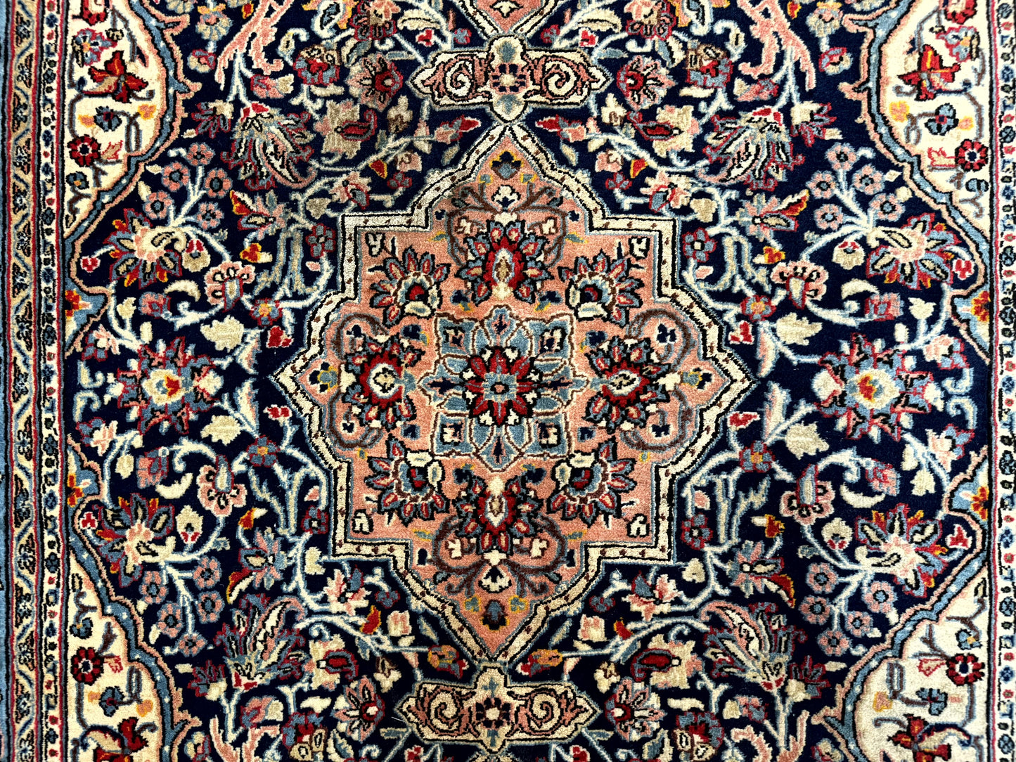 Persian Qum Rug 5x7 in Navy Light Blue and Ivory, Wool wilh Silk Highlights, 225 KPSI - Nuvé