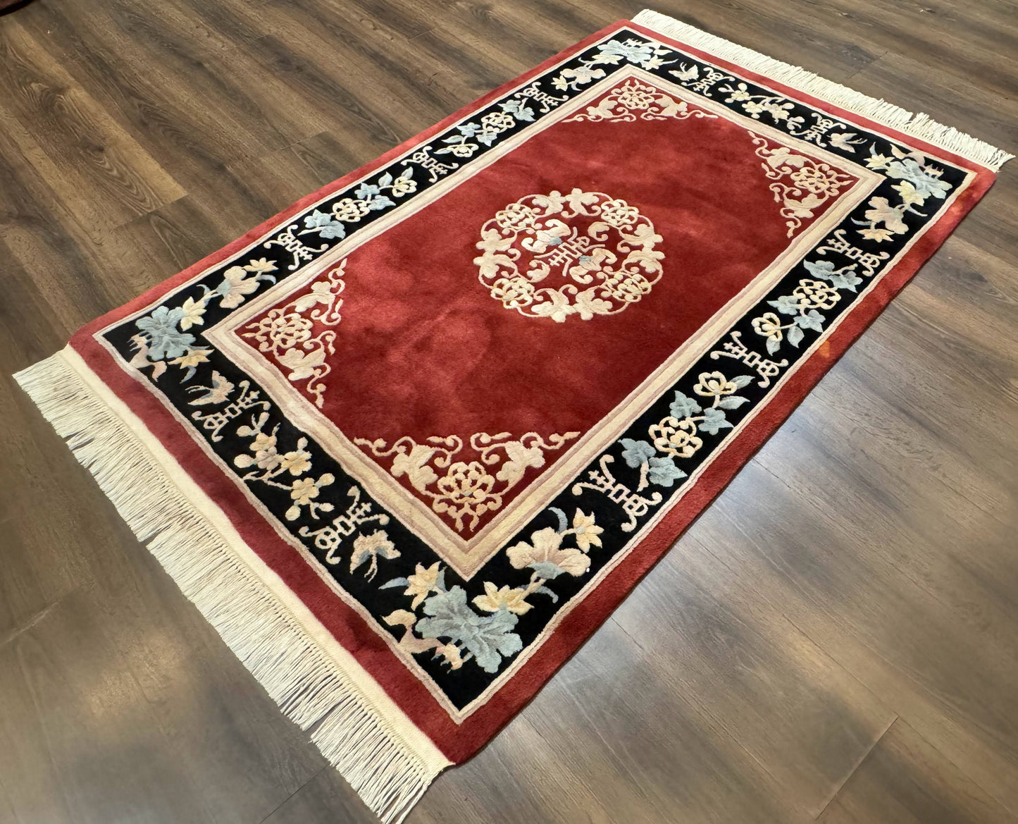 Dark Red Chinese Wool Rug 4x6, Chinese 90 Line Rug, Carving Rug, Handmade, Pair B - Nuvé