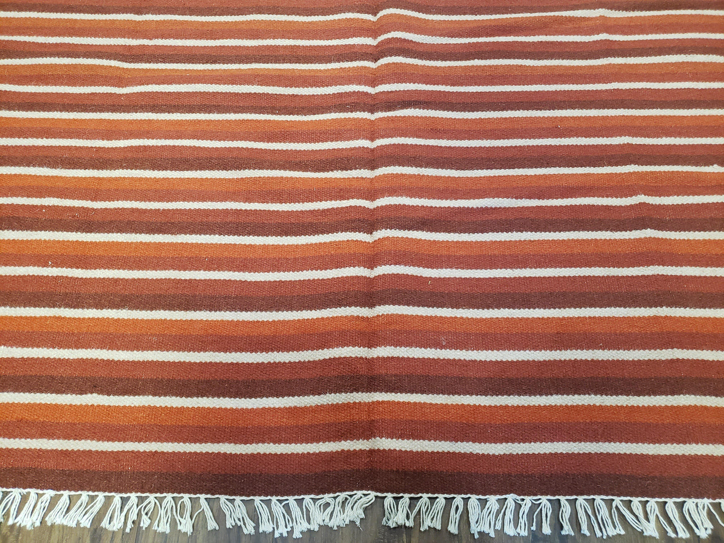 Large Striped Woolen Handmade Throw Blanket, Twin Size Bedding Hand-Woven, Indian Kilim Area Rug, 6x8 - 7x8, South American Style Textile - Nuvé