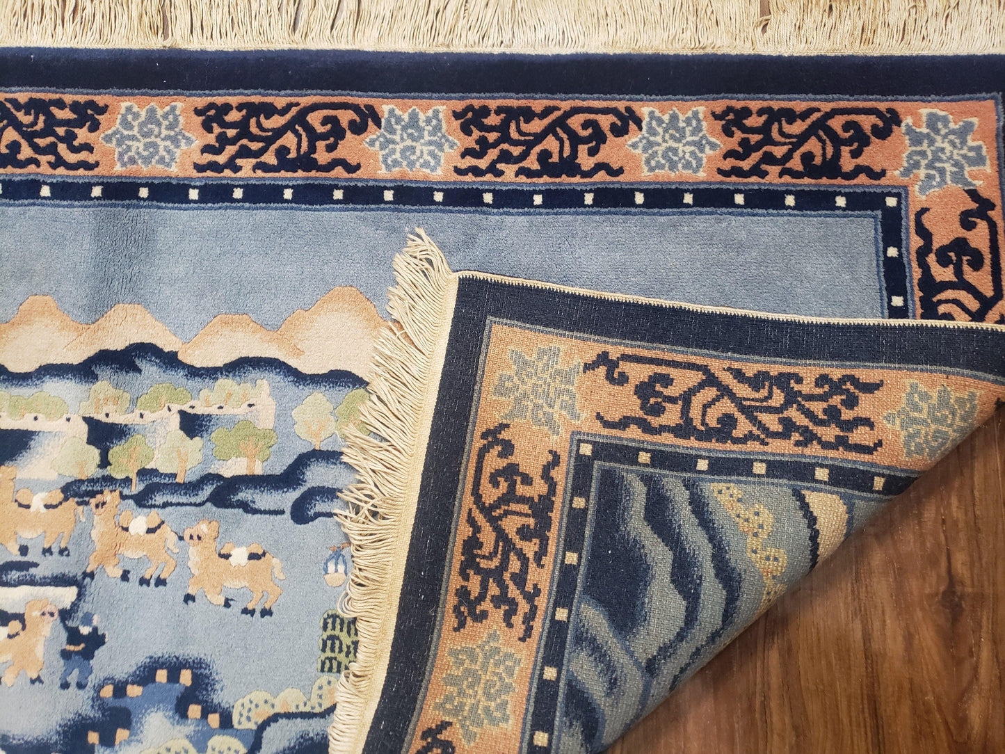 Vintage Chinese Pictorial Rug 2'4" x 4' 7", Chinese Village, Wool Hand-Knotted Blue & Teal Fine Carpet, Tapestry Rug, Woven Wall Art - Nuvé