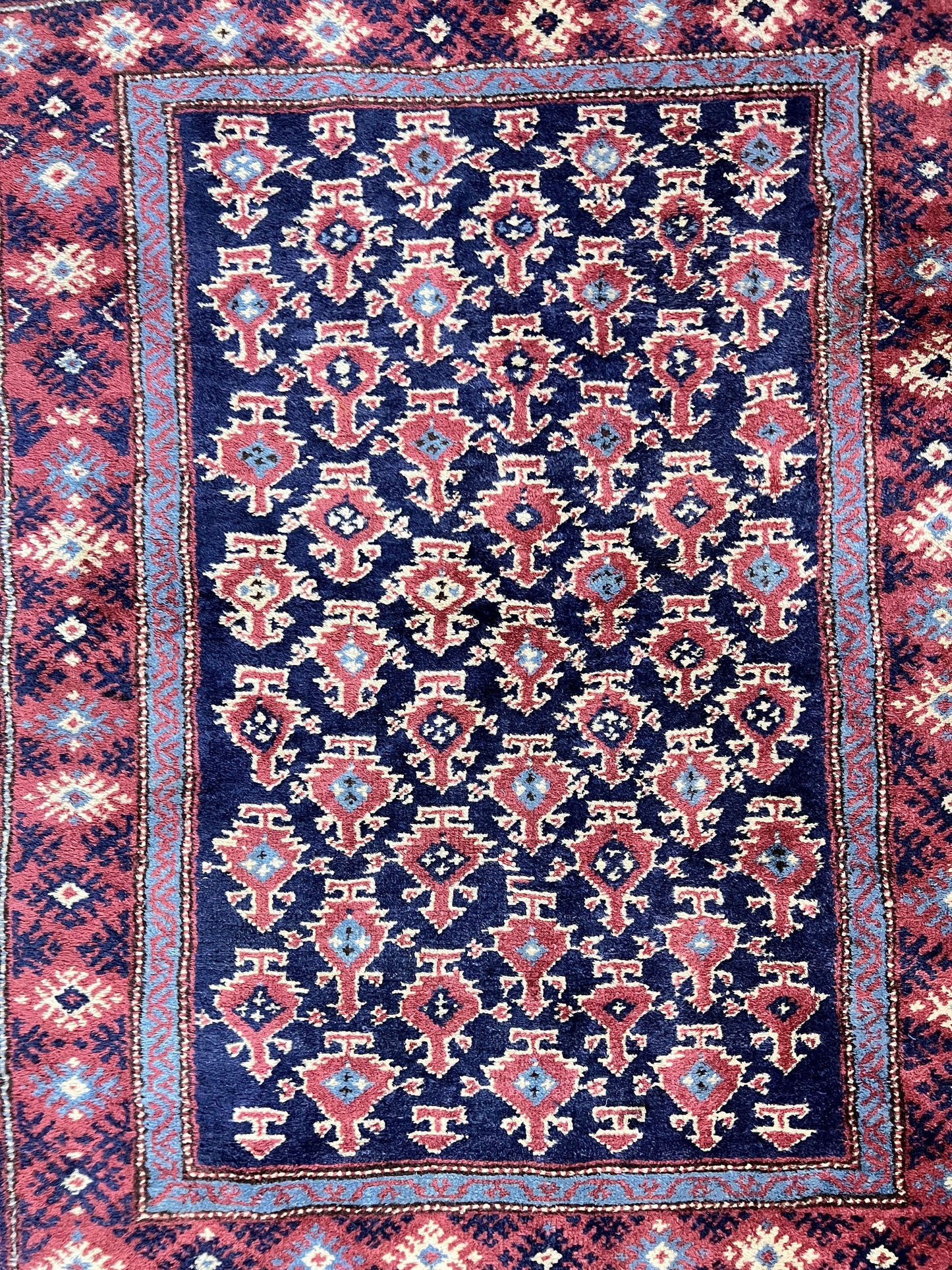 Turkish Sparta Rug 3x4, Allover Pattern, Navy Blue and Red, Antique Ispara Oriental Carpet 3 x 4, Small Turkish Handmade Vintage Wool Rug - Nuvé