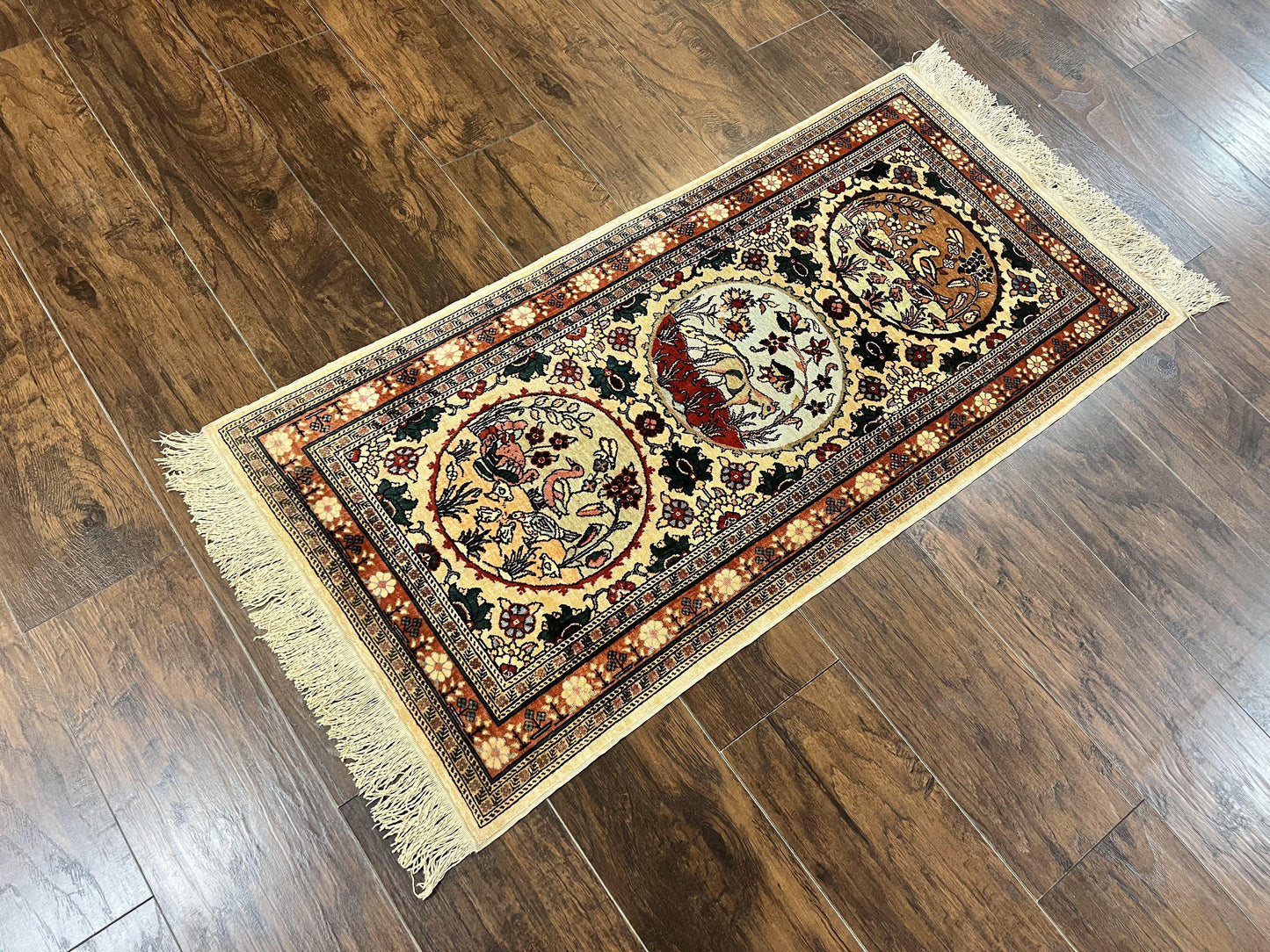 Silk Turkish Rug 2x4, Fine Handmade Oriental Rug, Animal Pictorial Birds Silk Pile on Silk Foundation Vintage Hand Knotted Hereke Carpet - Nuvé