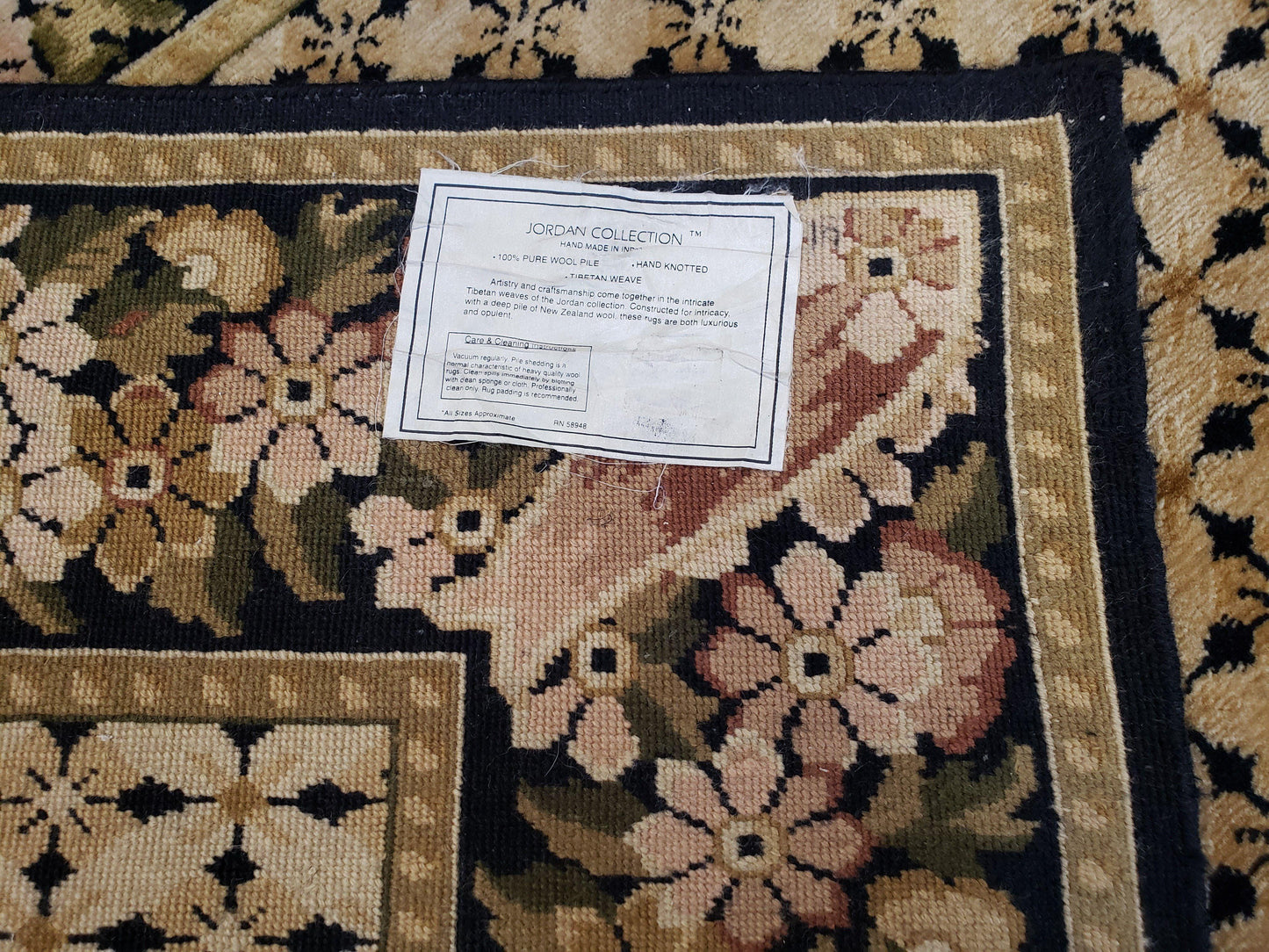 Indian Rug with Tibetan Weave, 6x8 - 6x9 Rugs, Indo-Tibetan Rug, Black and Cream Beige Tan, Floral Border, Soft Rug, Handmade Area Rug, Wool - Nuvé