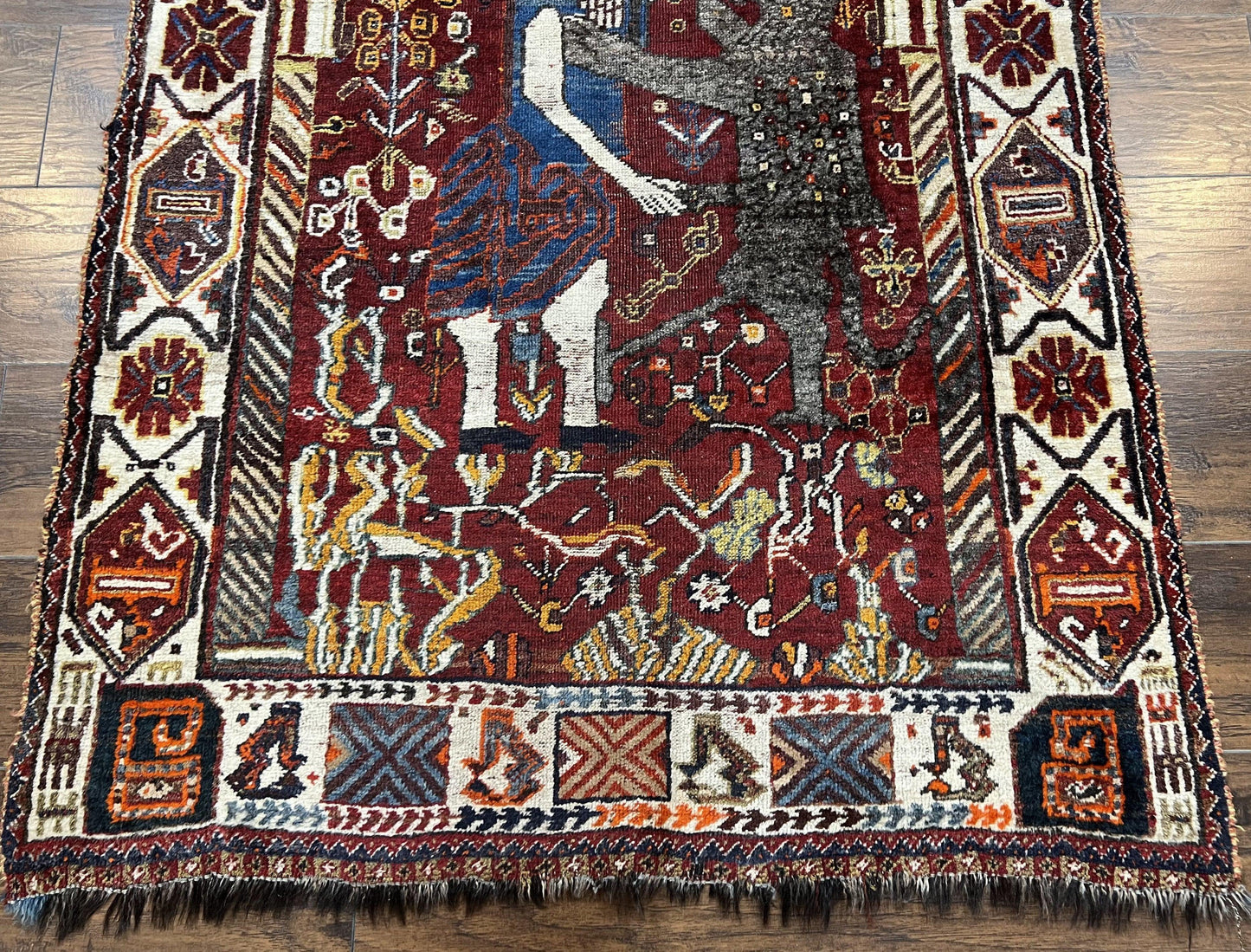 Antique Persian Shiraz Pictorial Rug 3.6 x 5, Persian Tribal Rug, Handmade, Lions, Highly Unique Collectible Small Persian Carpet, Maroon, Wool - Nuvé