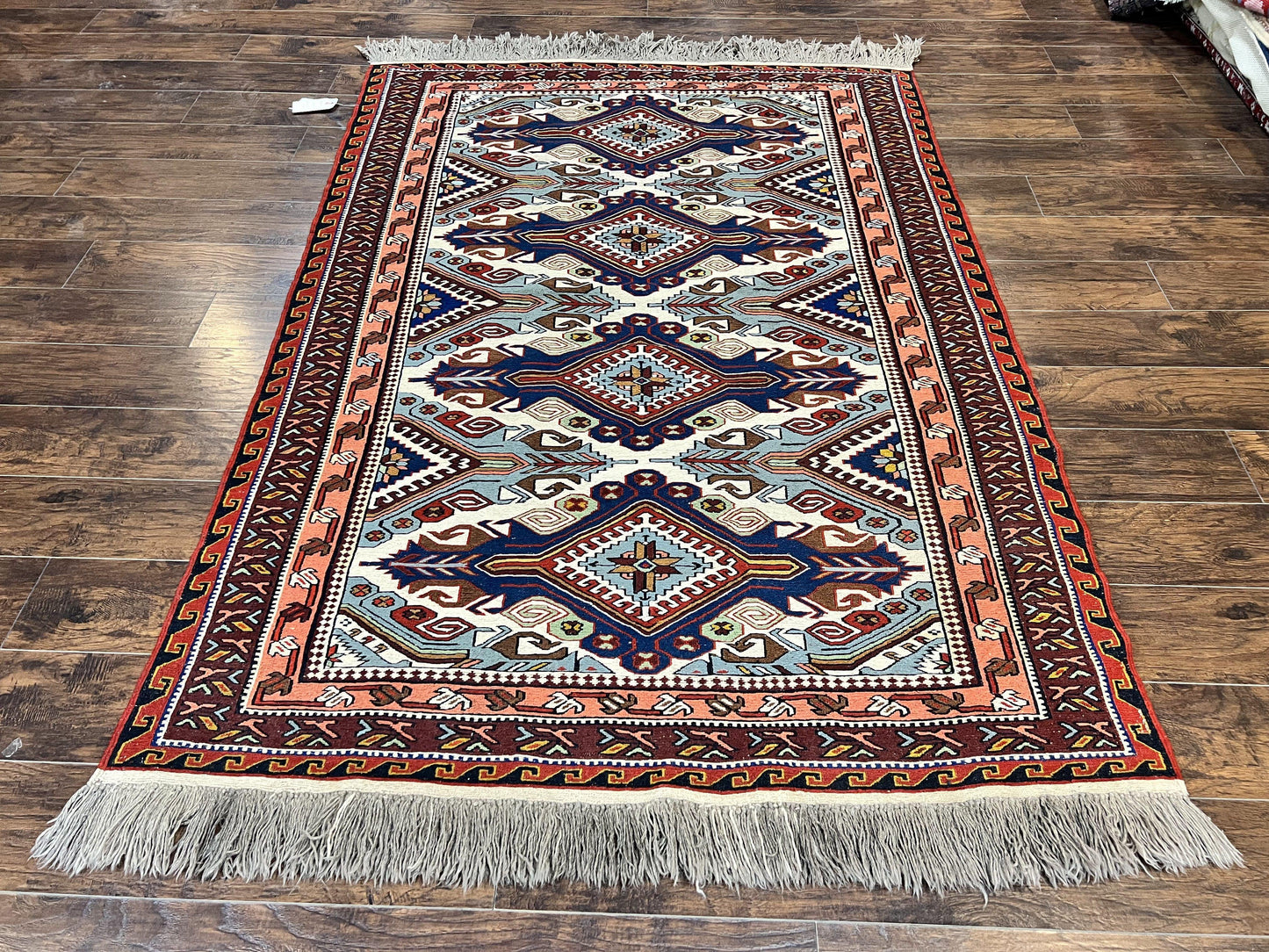 Russian Soumak Rug 6x8, Wool Handmade Antique Kilim Carpet, Multicolor 6 x 8 Geometric Medallions Caucasian Rug, Medium Size - Nuvé