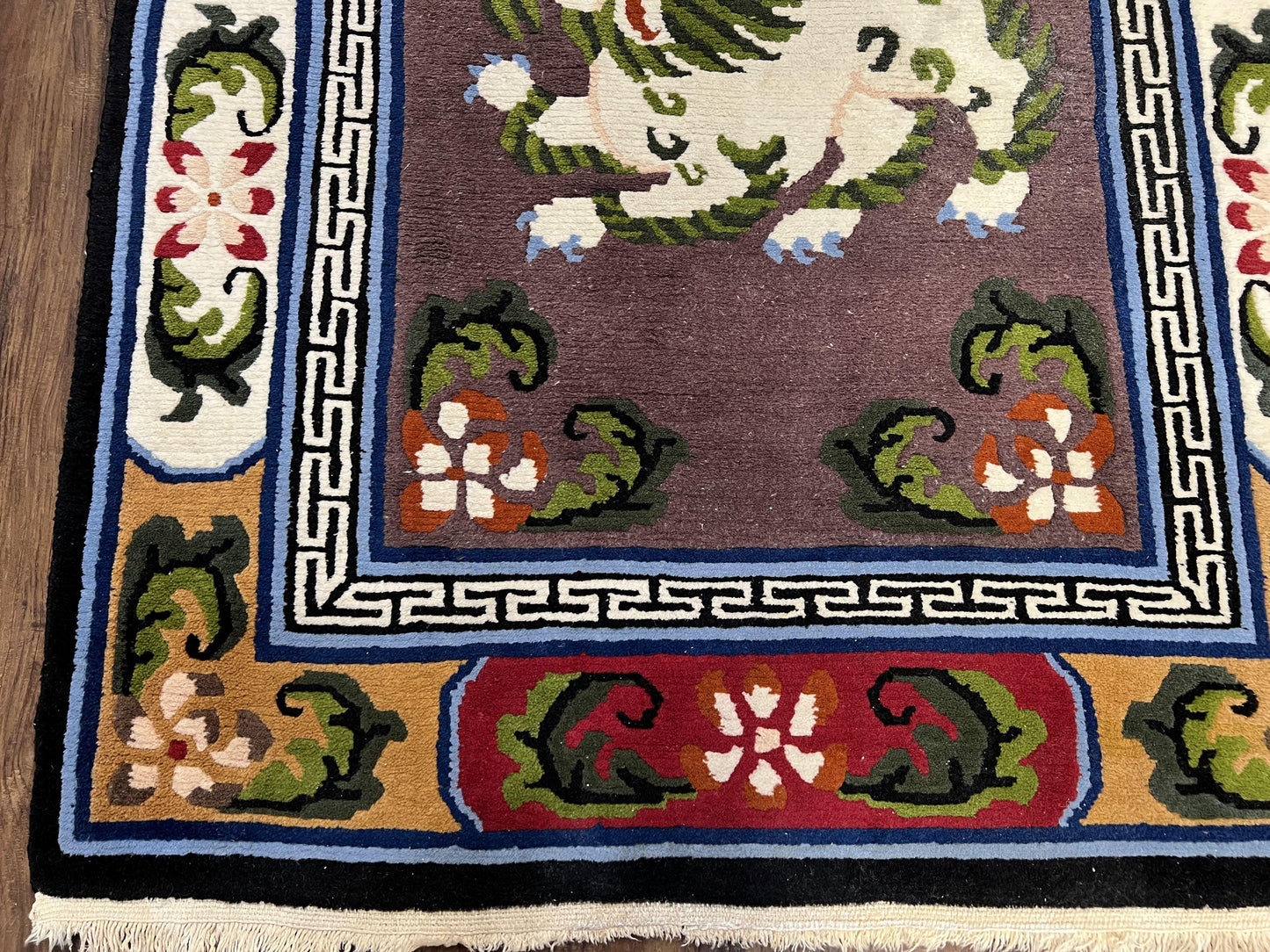 Chinese Art Deco Rug 3 x 5.5 with Animal Pictorials, Vintage Chinese Peking Wool Area Rug, Dark Puce Maroon Ivory, Hand Knotted Soft Carpet - Nuvé