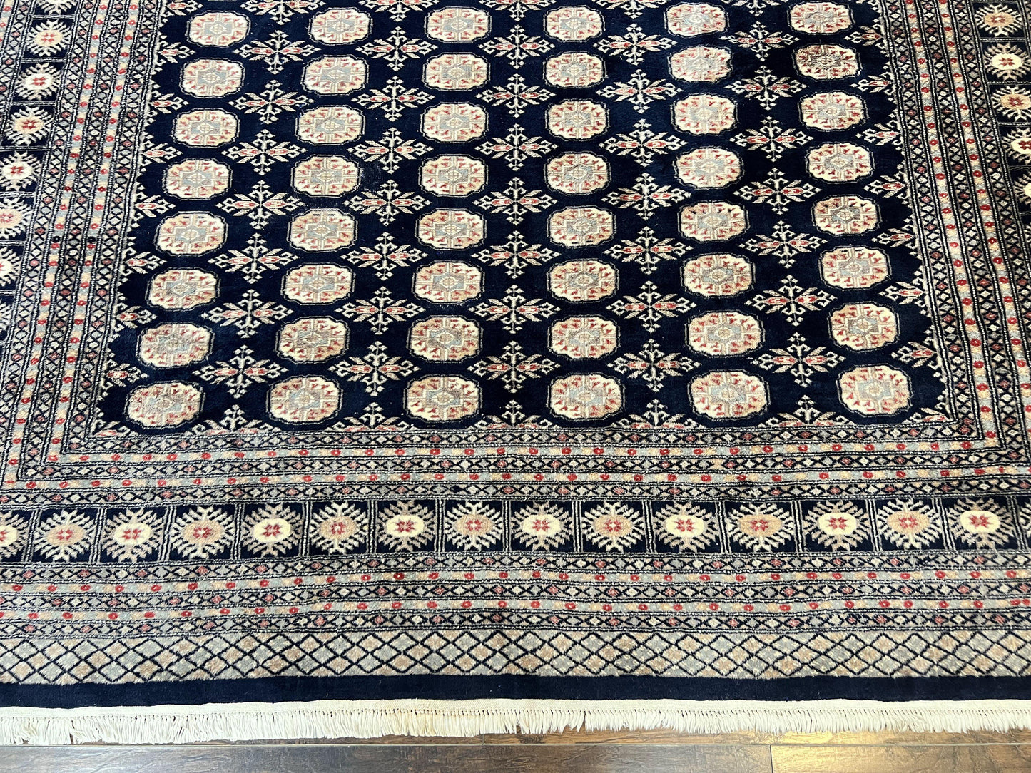 Pakistani Bokhara Rug 8x10, Turkoman Carpet, Dark Blue and Beige, Vintage Handmade Wool Carpet - Nuvé