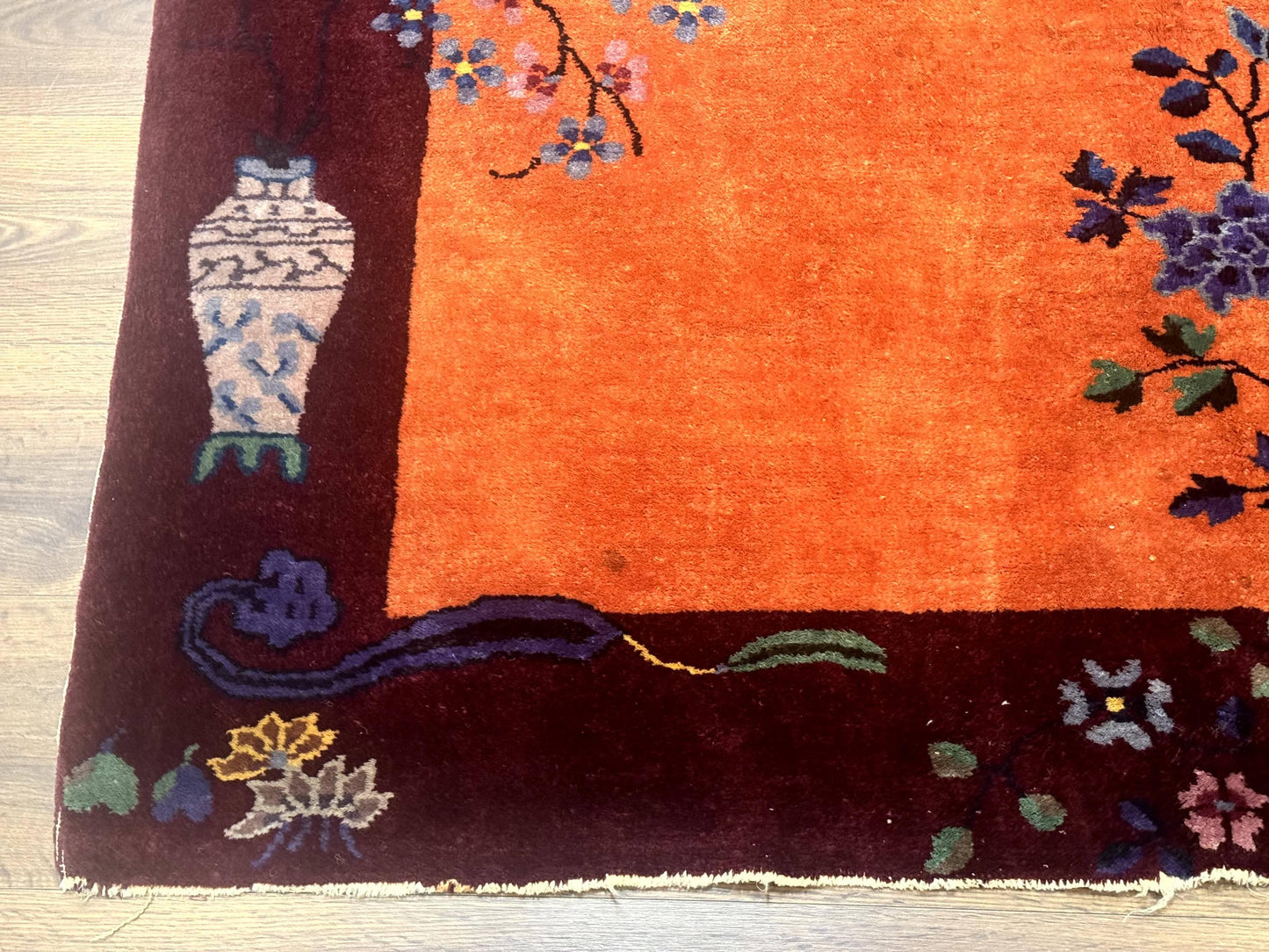 Chinese Art Deco Rug 5x8, Antique Chinese Wool Rug, Nichols Rug, Rare Chinese Carpet, Orange and Purple-Maroon - Nuvé