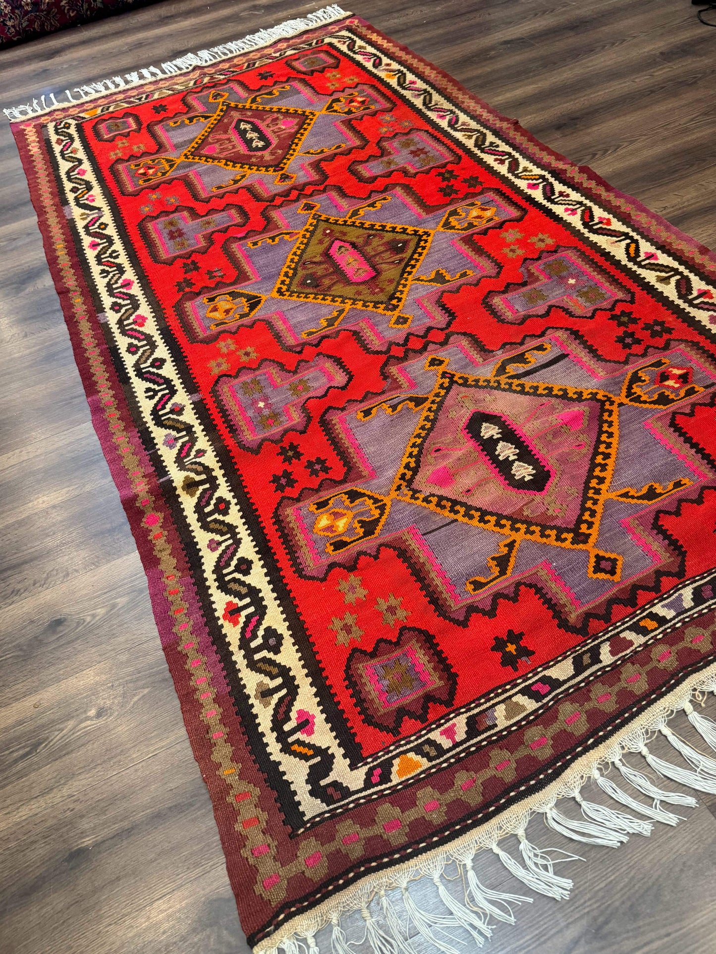 Persian Kurdish Zarand Kilim Rug 5x9, Red, Geometric Medallions, Wide Runner - Nuvé