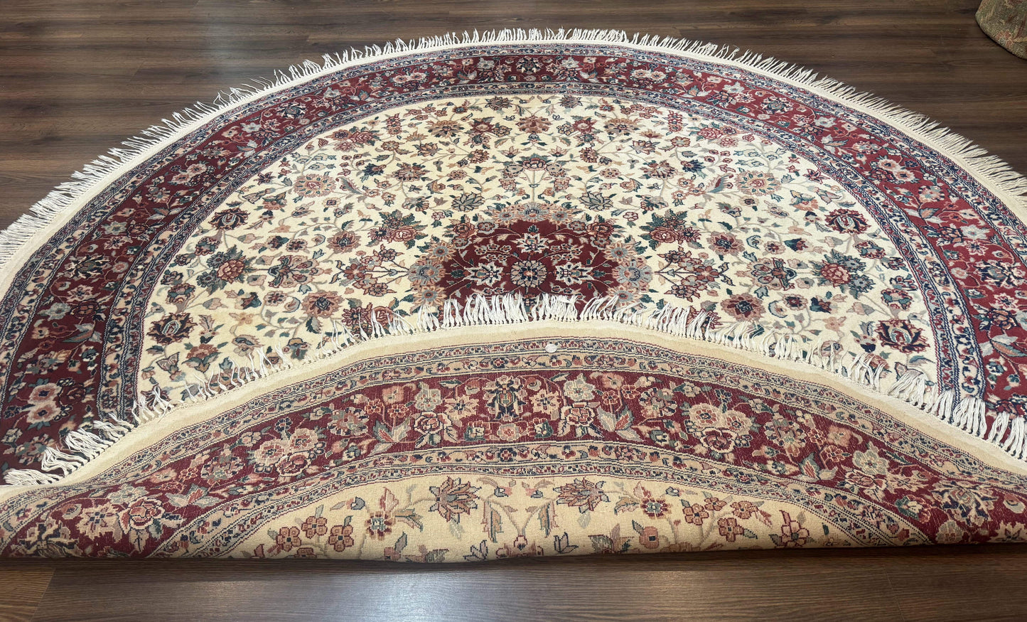 Round Sino Persian Rug 8x8, Wool and Silk, Floral Medallion, Ivory Dark Red - Nuvé