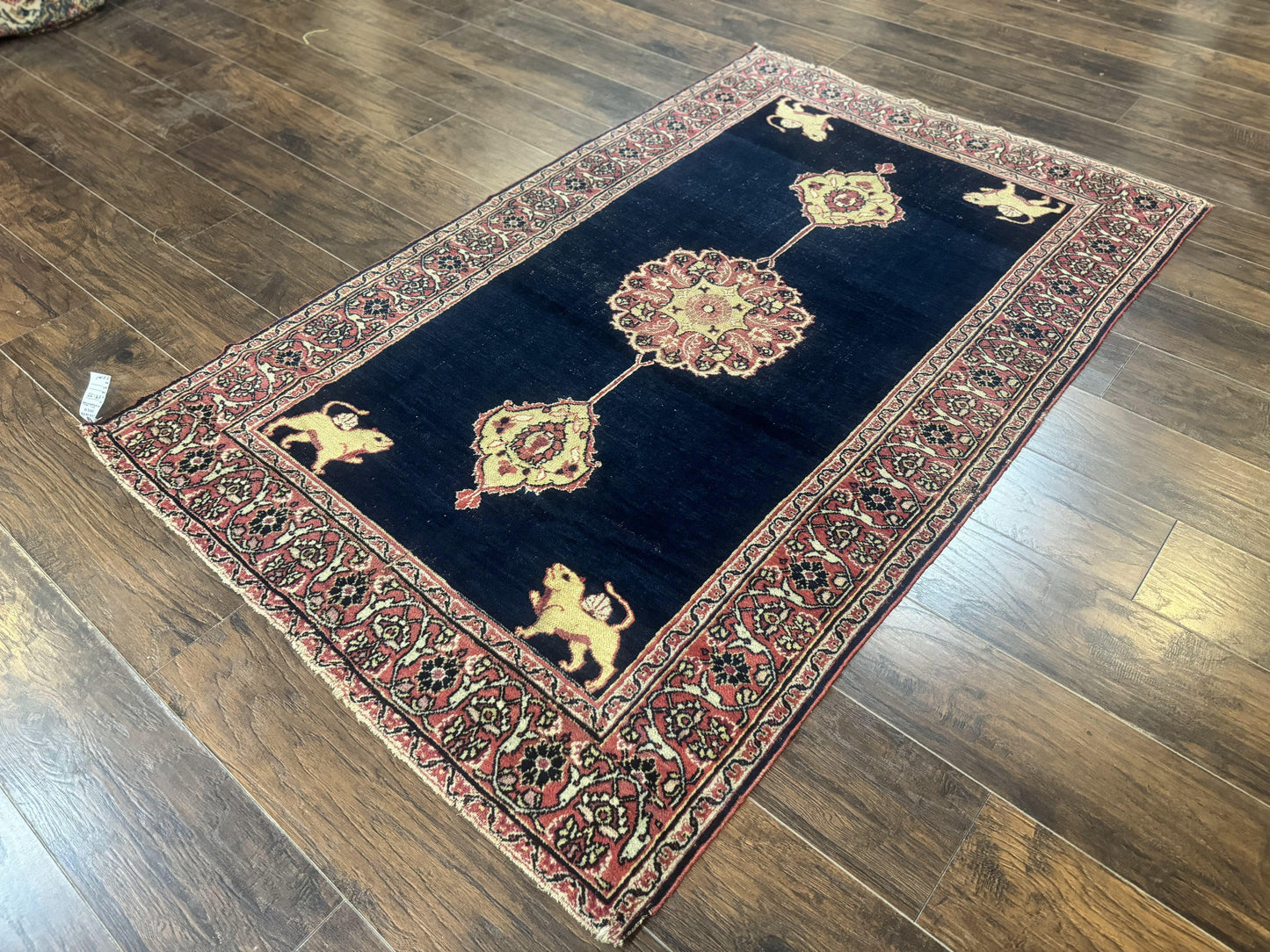 Antique Persian Mashad Rug 4x6, Semi Open Field, Navy Blue, Lion Pictorials, Triple Medallion, Dorokhsh Rug - Nuvé