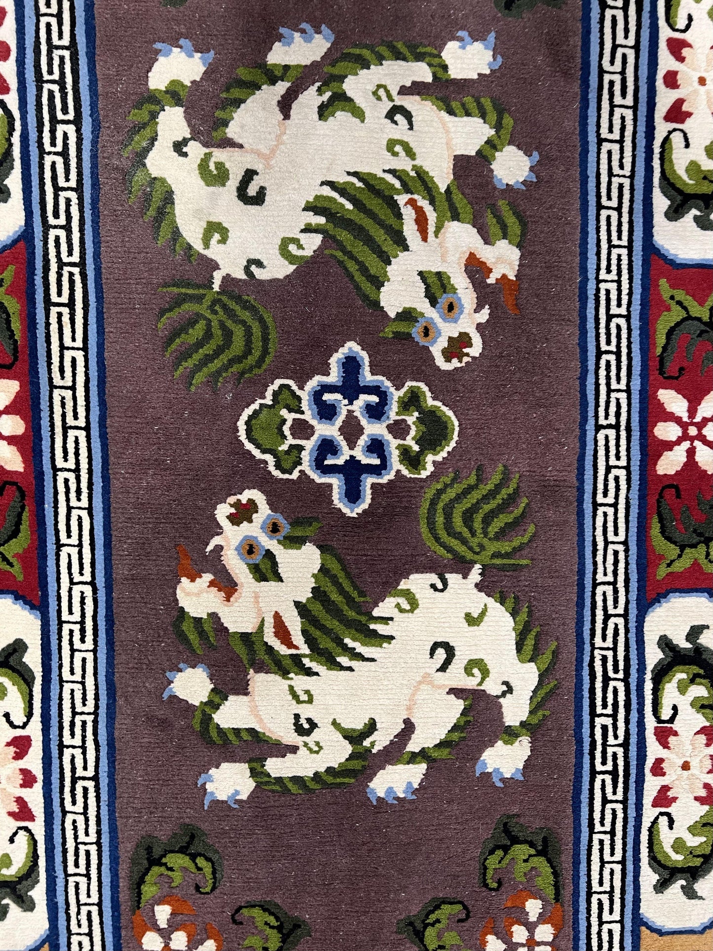 Chinese Art Deco Rug 3 x 5.5 with Animal Pictorials, Vintage Chinese Peking Wool Area Rug, Dark Puce Maroon Ivory, Hand Knotted Soft Carpet - Nuvé