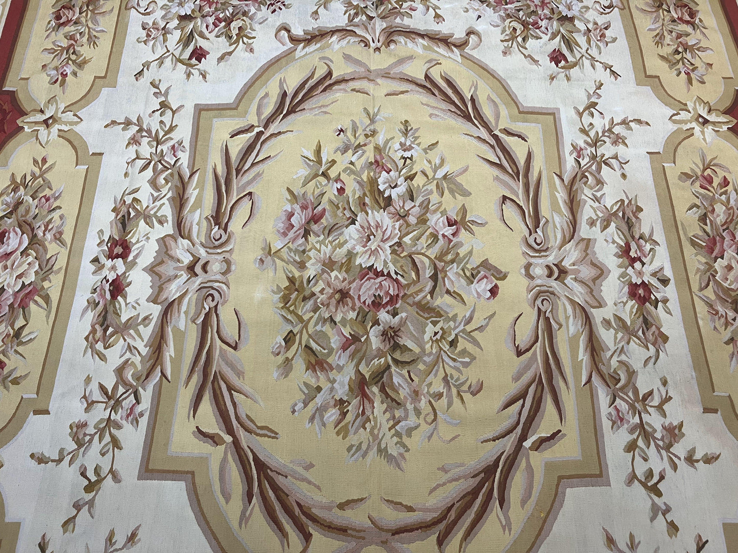 Aubusson Rug 9x12, Elegant Flatweave Savonnerie Carpet 9 x 12 ft, Ivory Light Yellow Red, Handmade Wool Flatweave French European Rug - Nuvé