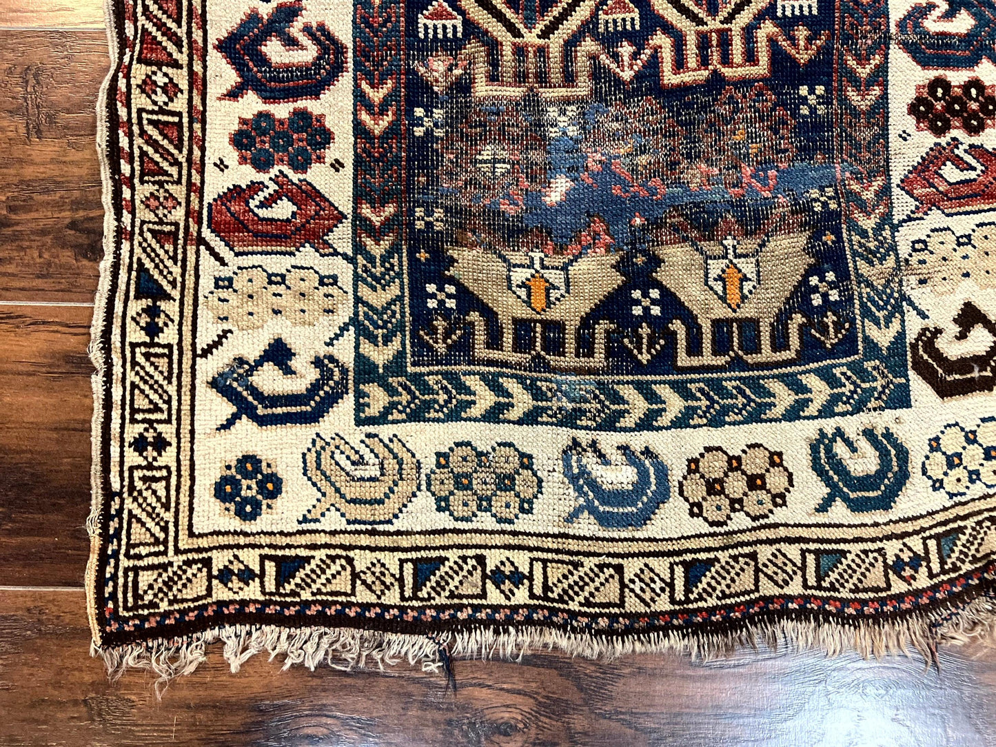 Antique Caucasian Kazak Rug 2.5 x 4, Navy Blue and Ivory, Hand Knotted Handmade Wool Rug - Nuvé