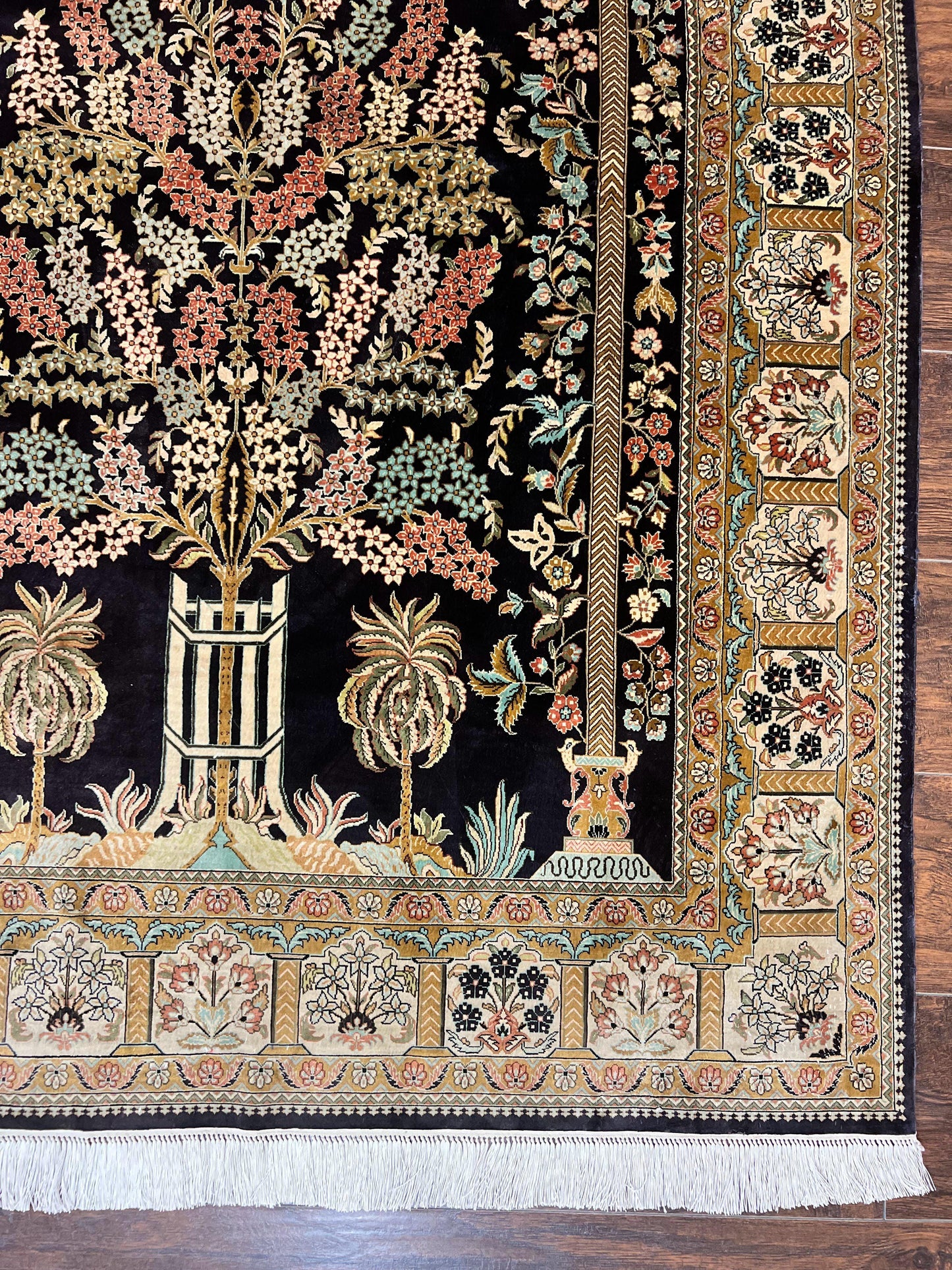 Wonderful Sino Persian Silk Rug 4x6, Tree of LIfe Design, Masterpiece 575 KPSI, Birds, Prayer Rug, Black, Silk on Silk - Nuvé