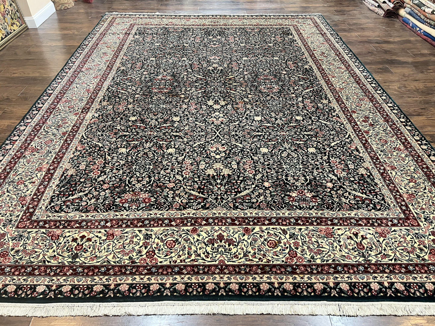 Large Sino Persian Rug 10x14, Wool Hand Knotted Vintage Carpet, Dark Green & Beige, Kirman Floral Rug, Fine Weave, Traditional, Large - Nuvé