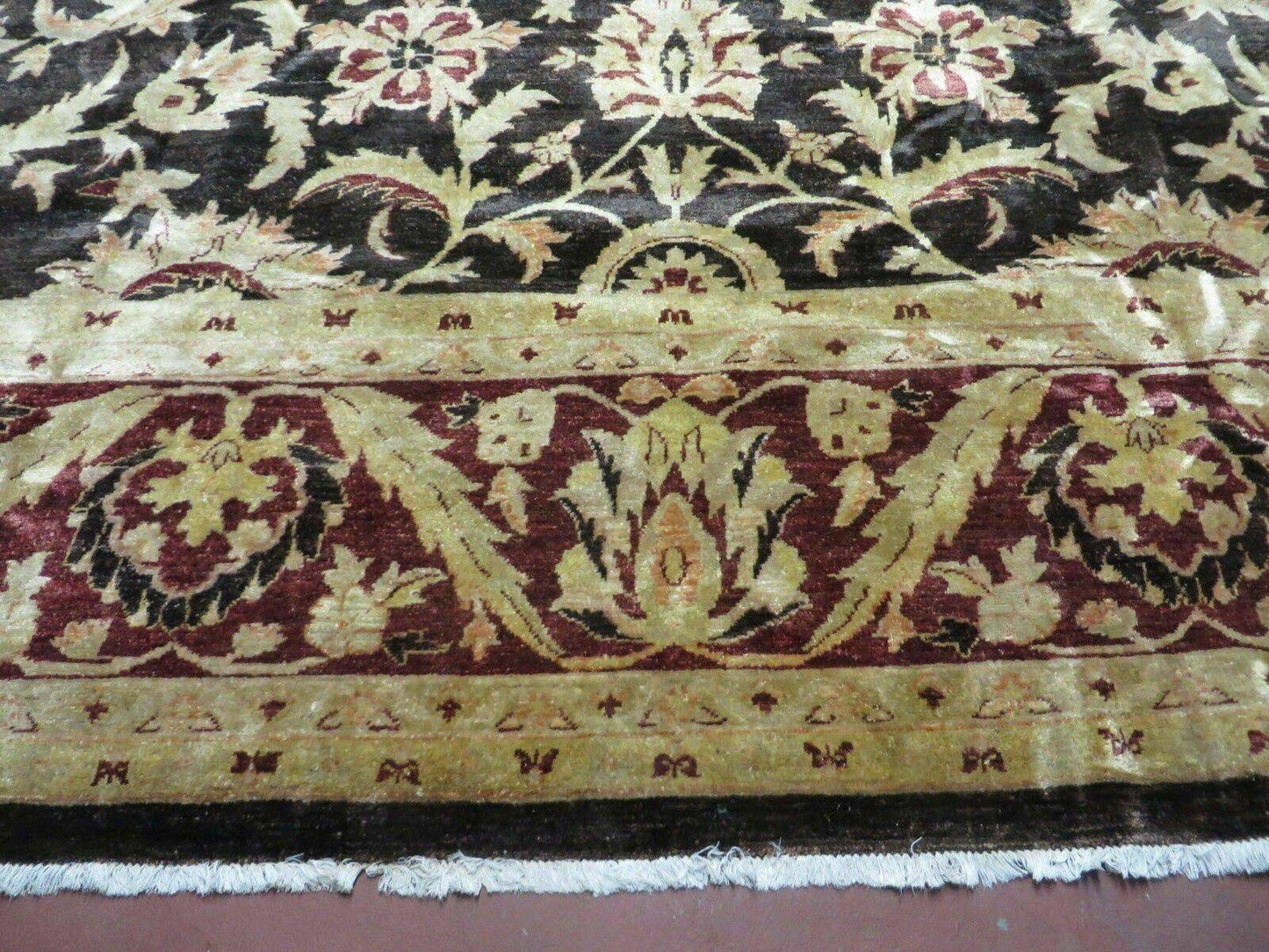 11' X 15' Vintage Hand Knotted Indian Agra Wool Rug Hand Made Dark Brown Floral - Nuvé