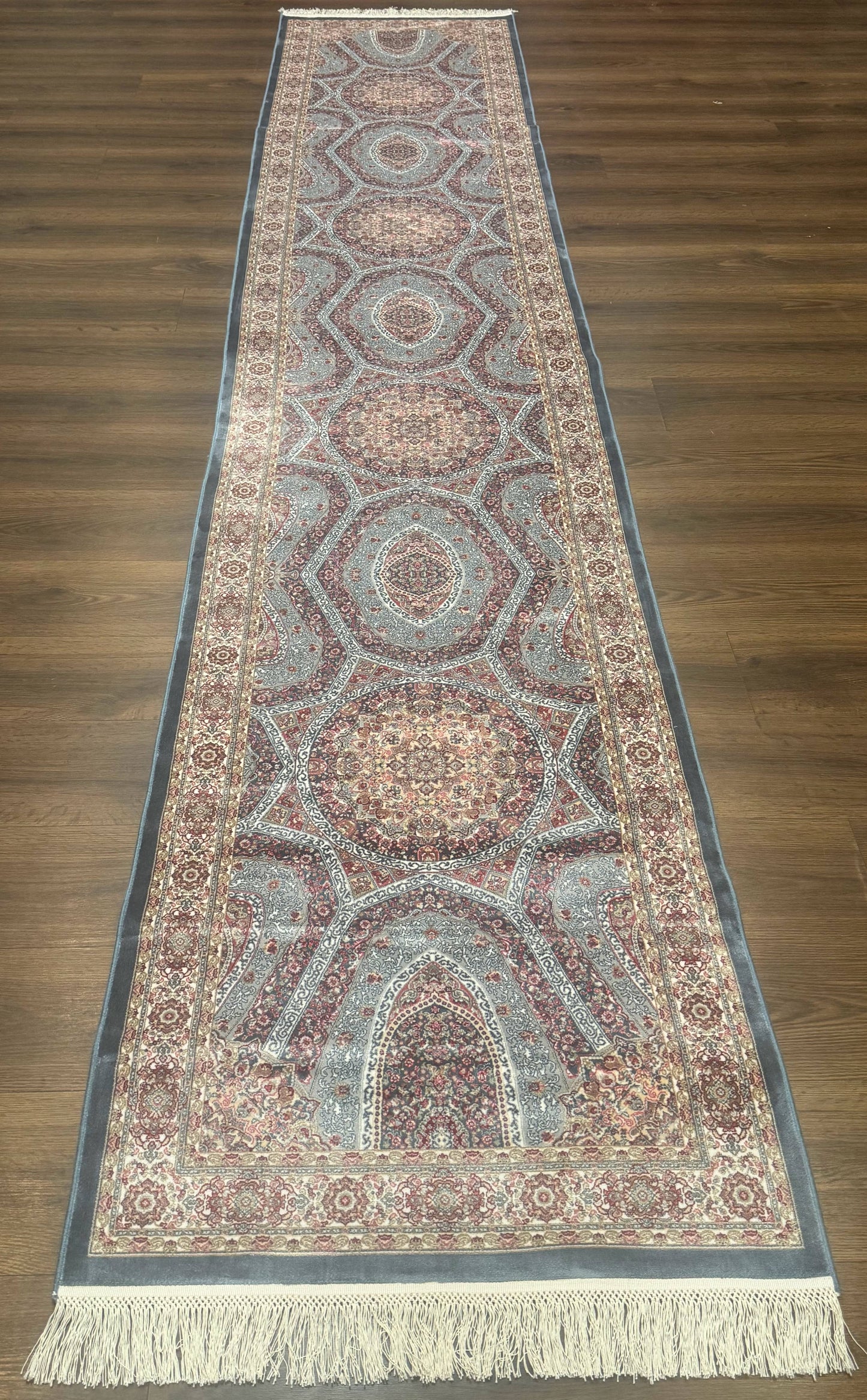 Turkish Silk Runner Rug 2.6 x 13, Blue Runner Rug, Dome Design, Bamboo Silk, New - Nuvé