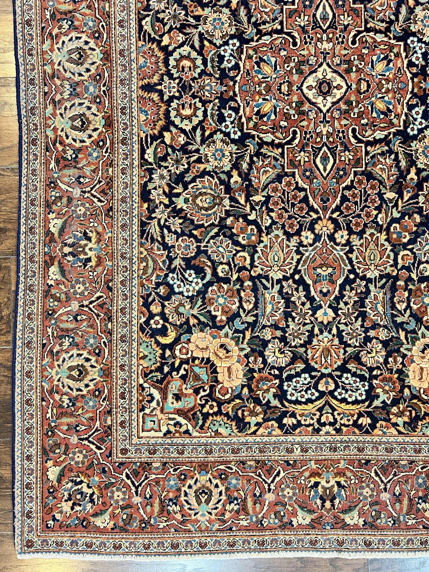 Persian Kashan Rug 4x7, Floral Medallion Vintage Handmade Hand Knotted Navy Blue & Red Wool Oriental Carpet, Highly Detailed Semi Antique Rug - Nuvé