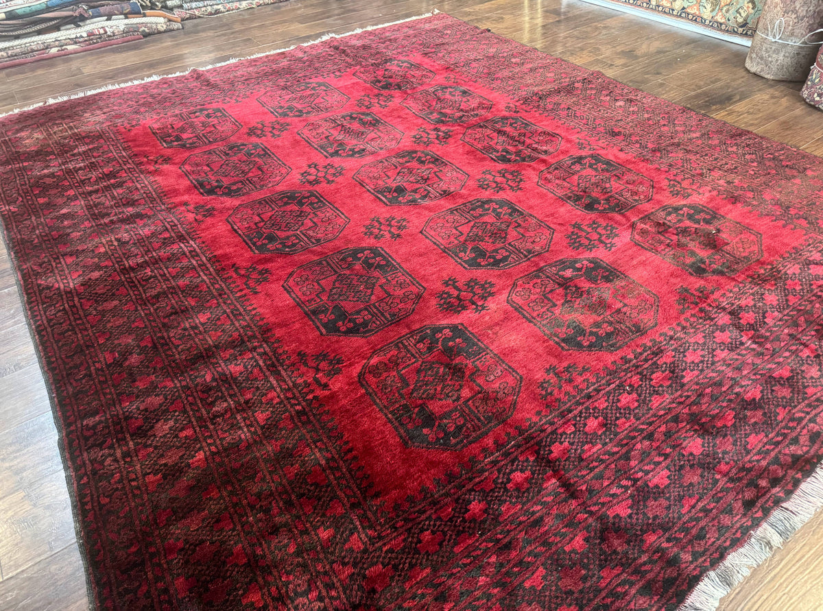 Afghan Turkoman rug by Jewel Rugs, 9x10 tribal Beshir wool carpet with red and antique patterns, traditional handmade design