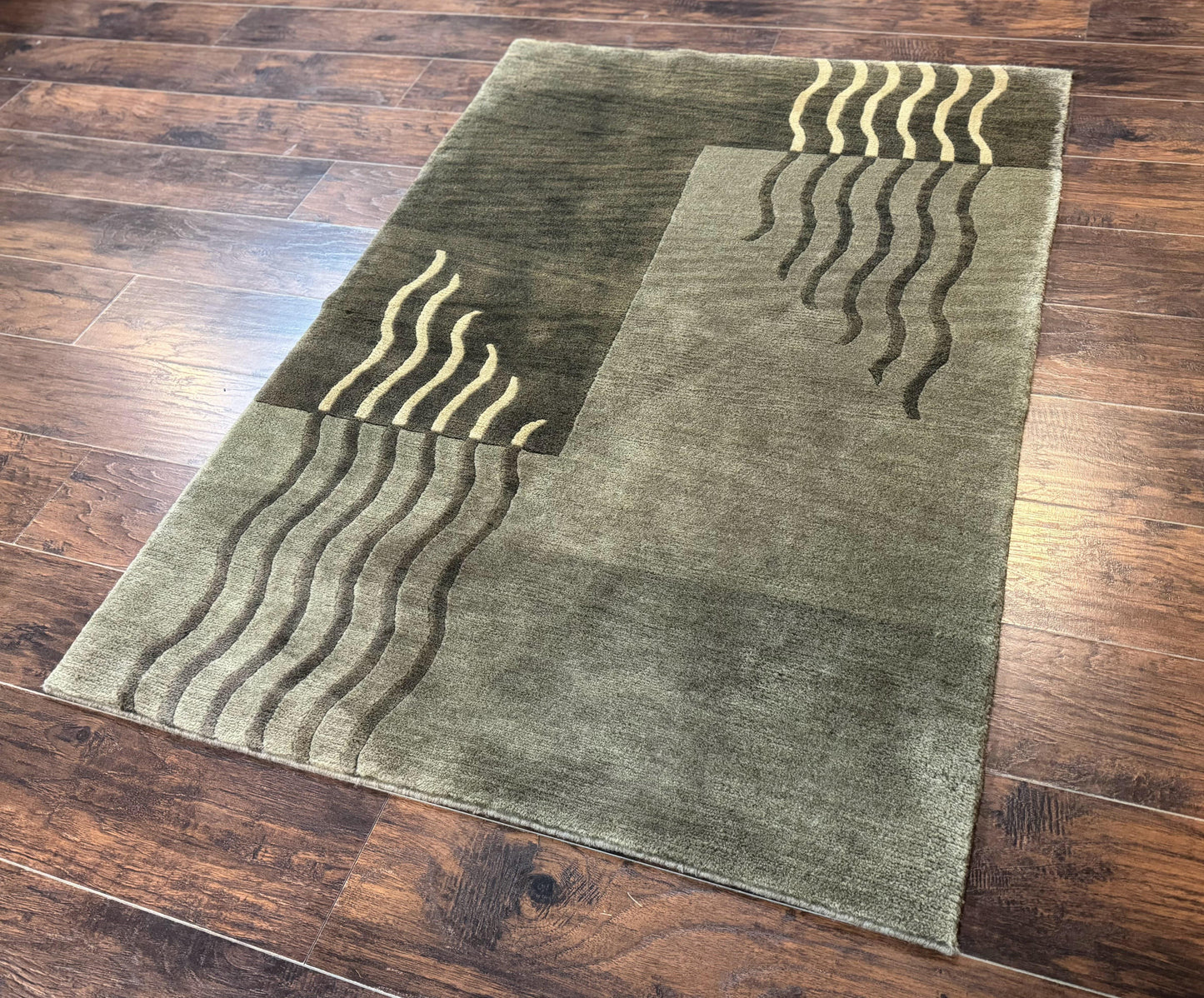 Modern Tibetan Wool Rug 3.6 x 5.6, Shades of Green, Abstract Design - Nuvé