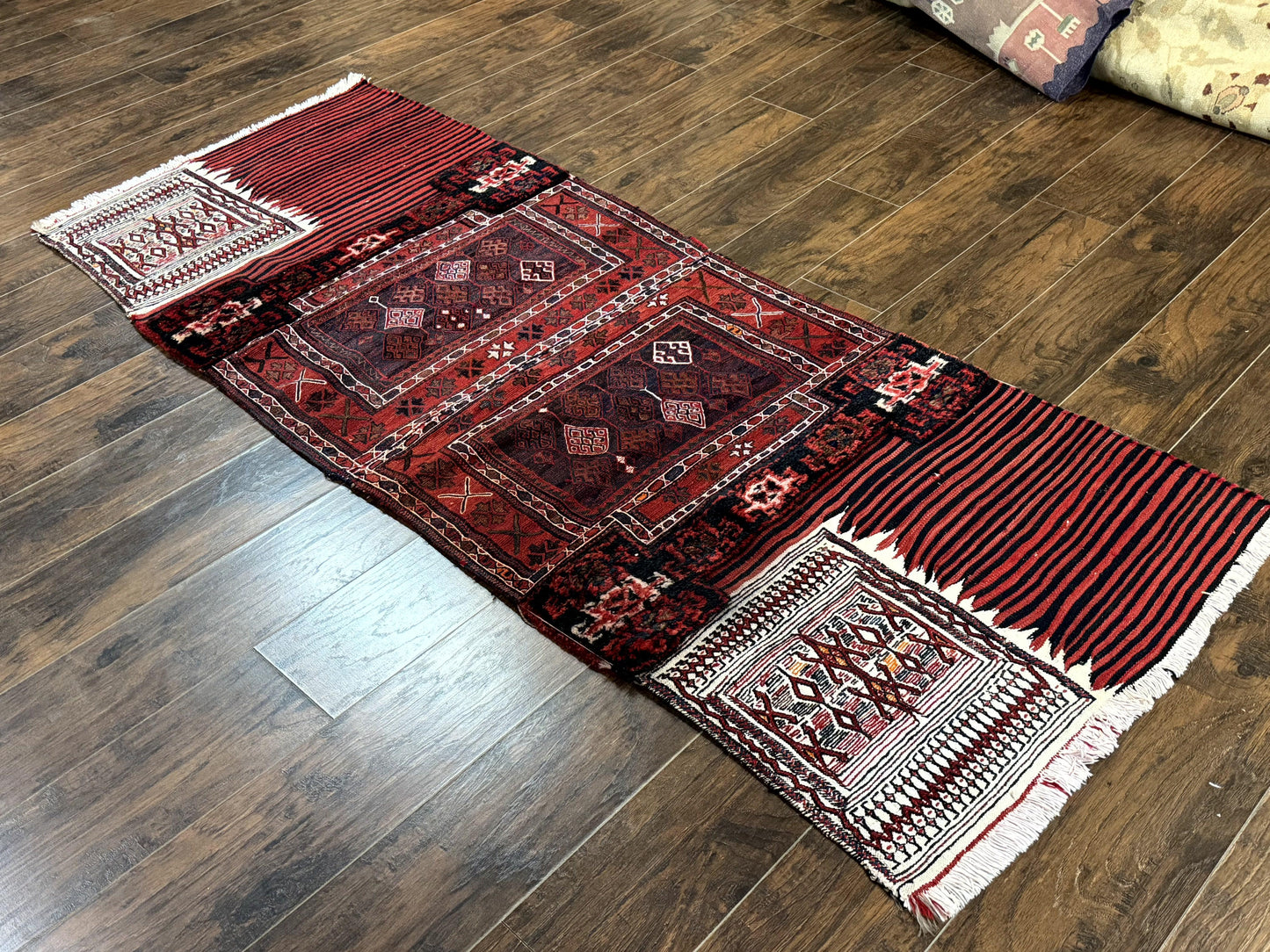Persian Tribal Nomadic Saddle Cover Rug, Antique, Handmade, Wool, Red Ivory Black, Collectible, Shashavan - Nuvé