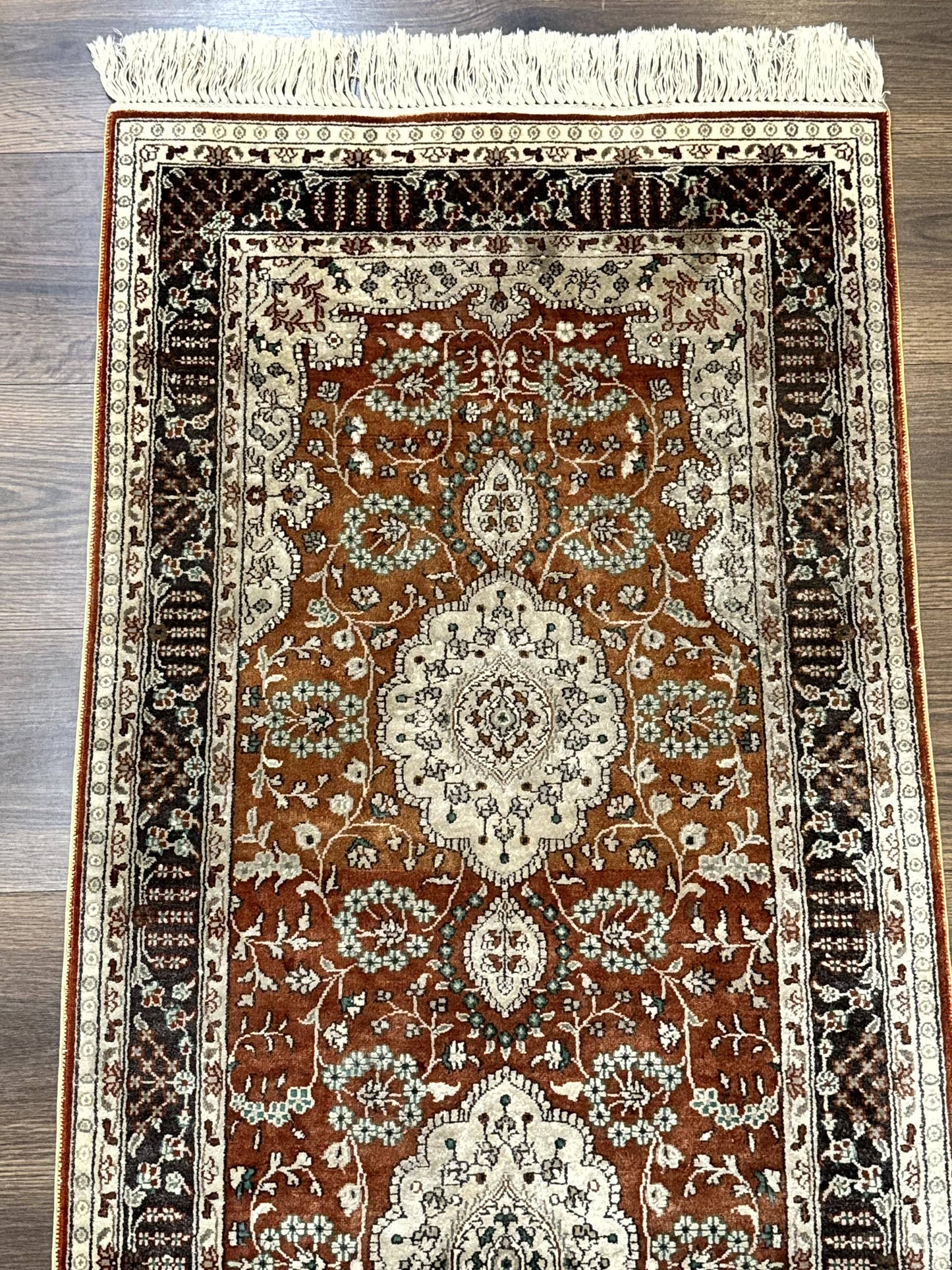 Turkish Silk Narrow Runner Rug 2 x 5.8, Very Fine 340 KPSI, Floral Medallions, Red - Nuvé