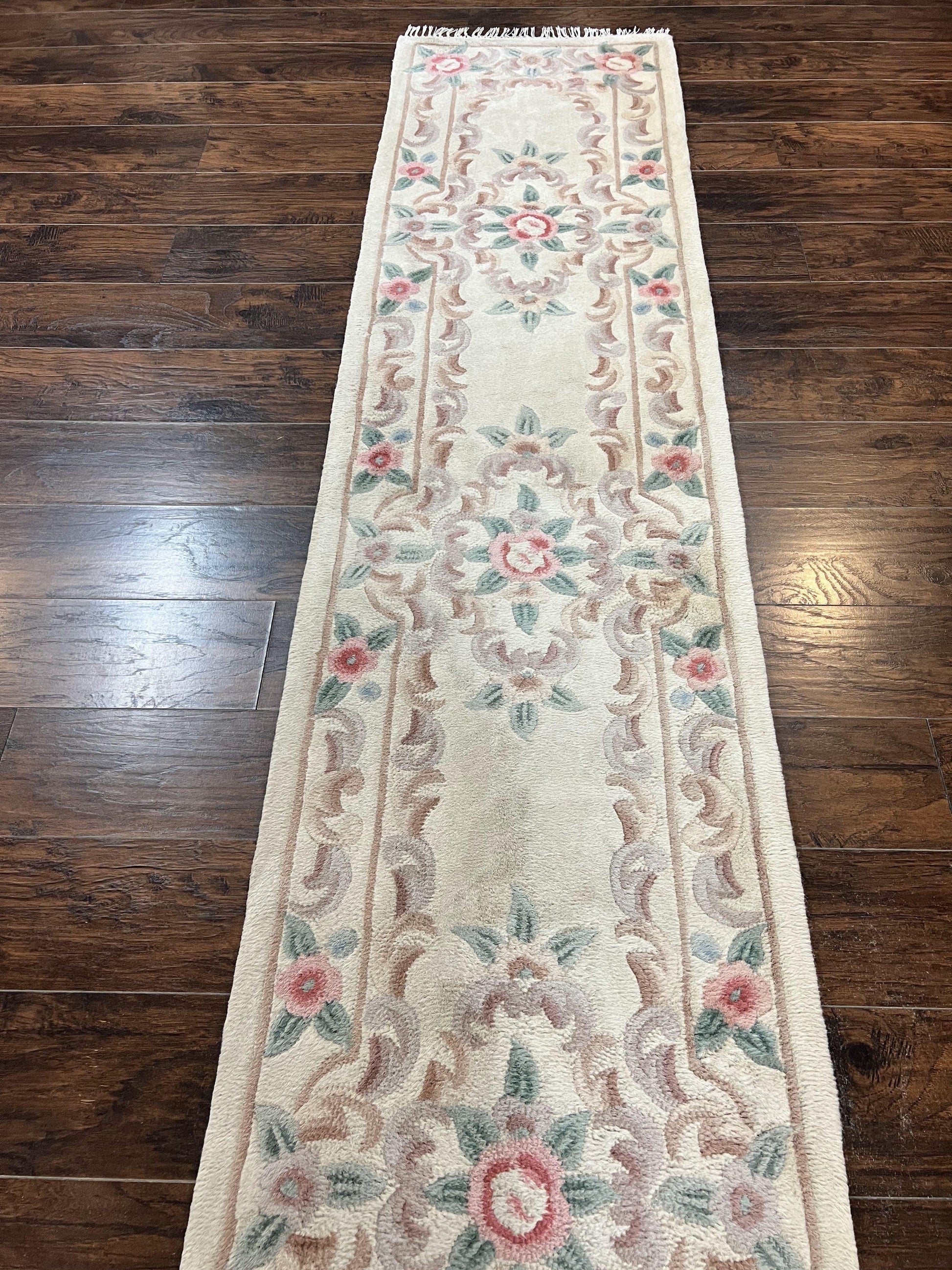 Chinese Aubusson Runner Rug 2.4 x 11, Hand Tufted Beige Floral European Design Hallway Rug, Elegant Rug, Vintage Wool Rug 11ft Long - Nuvé