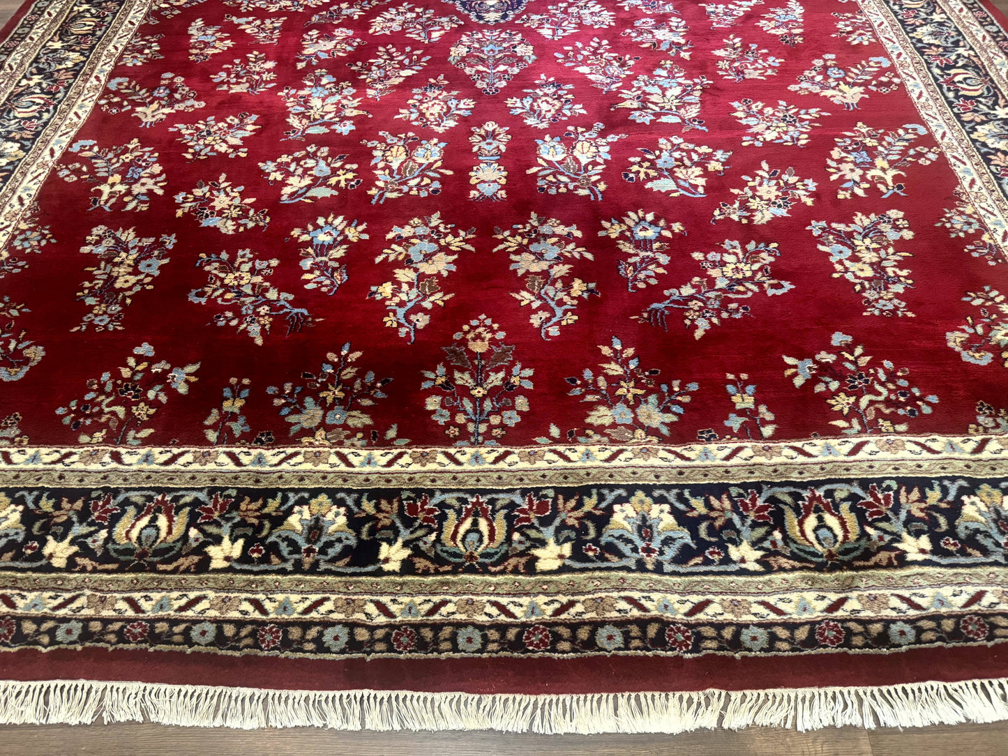 Indo Persian Sarouk Rug 10x14, Large Red and Navy Blue Carpet, Traditional Floral Wool Rug - Nuvé