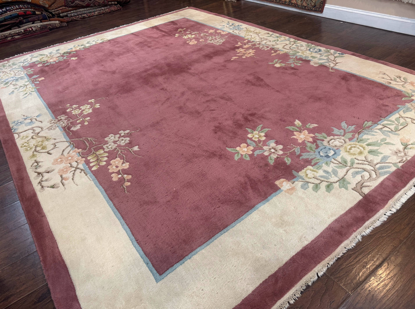 Indo Chinese Art Deco Rug 9x12, Pink and Ivory, Open Filed, Floral, Wool - Nuvé