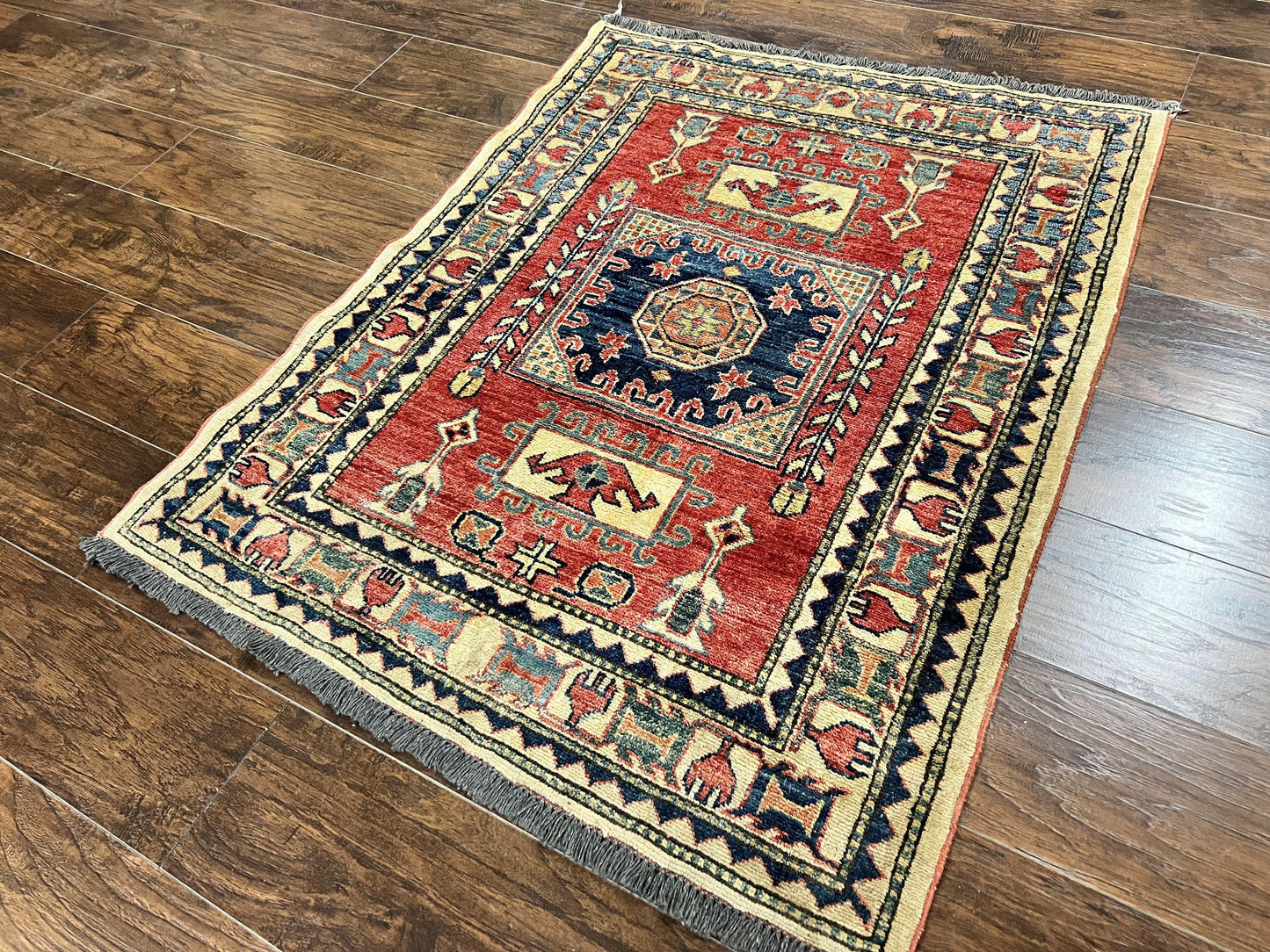 Turkish Kazak Rug 3x4, Wool Hand Knotted Small Vintage Carpet, Red Navy Blue, 3 x 4 Oriental Rug, Geometric Design - Nuvé