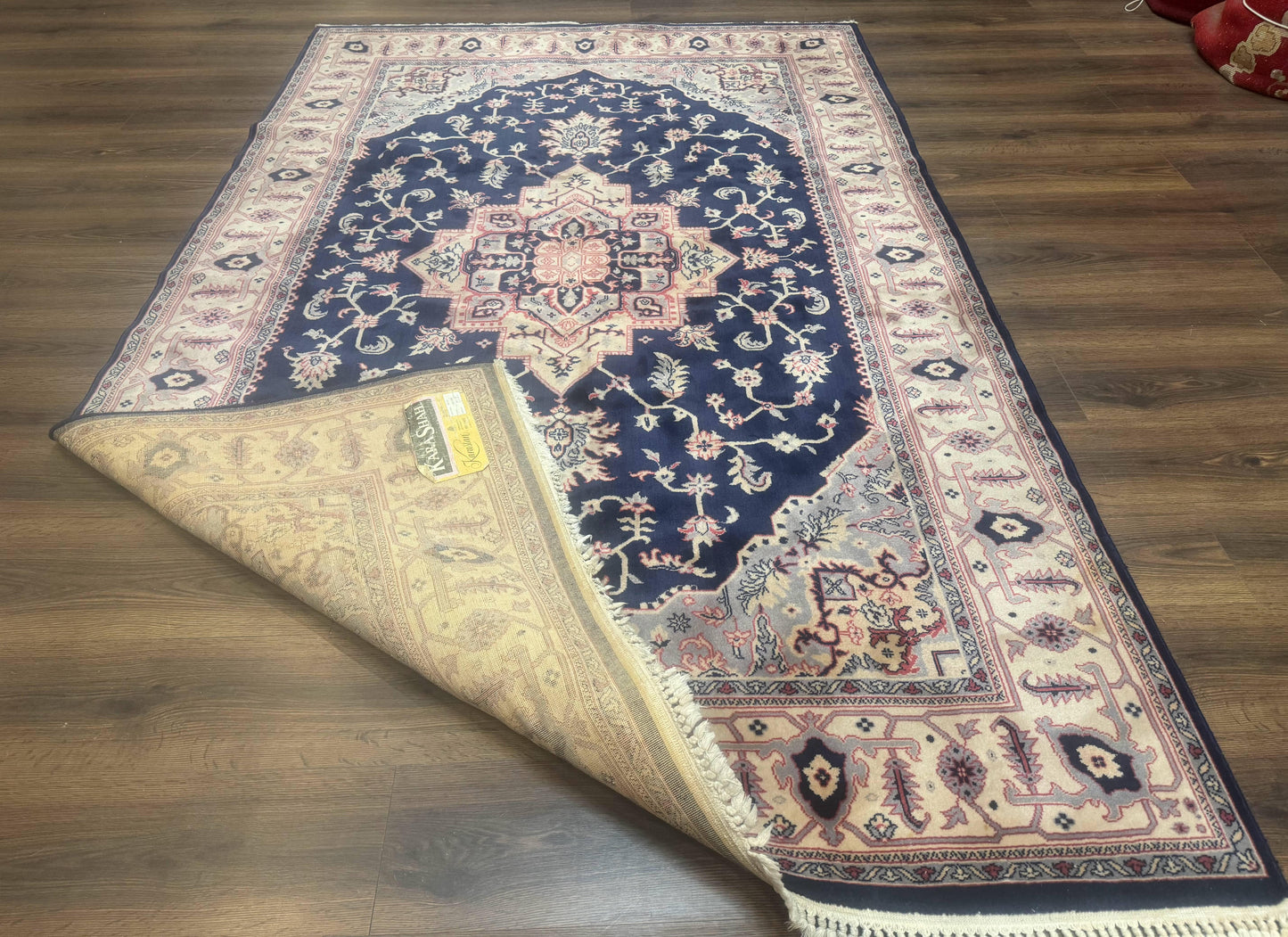 Karastan Rug Navy Serapi, Kara Shah Rug, Navy Blue, 5.6 x 8.6, Vintage Karastan Area Rug, Wool Pile Karastan Rug - Nuvé