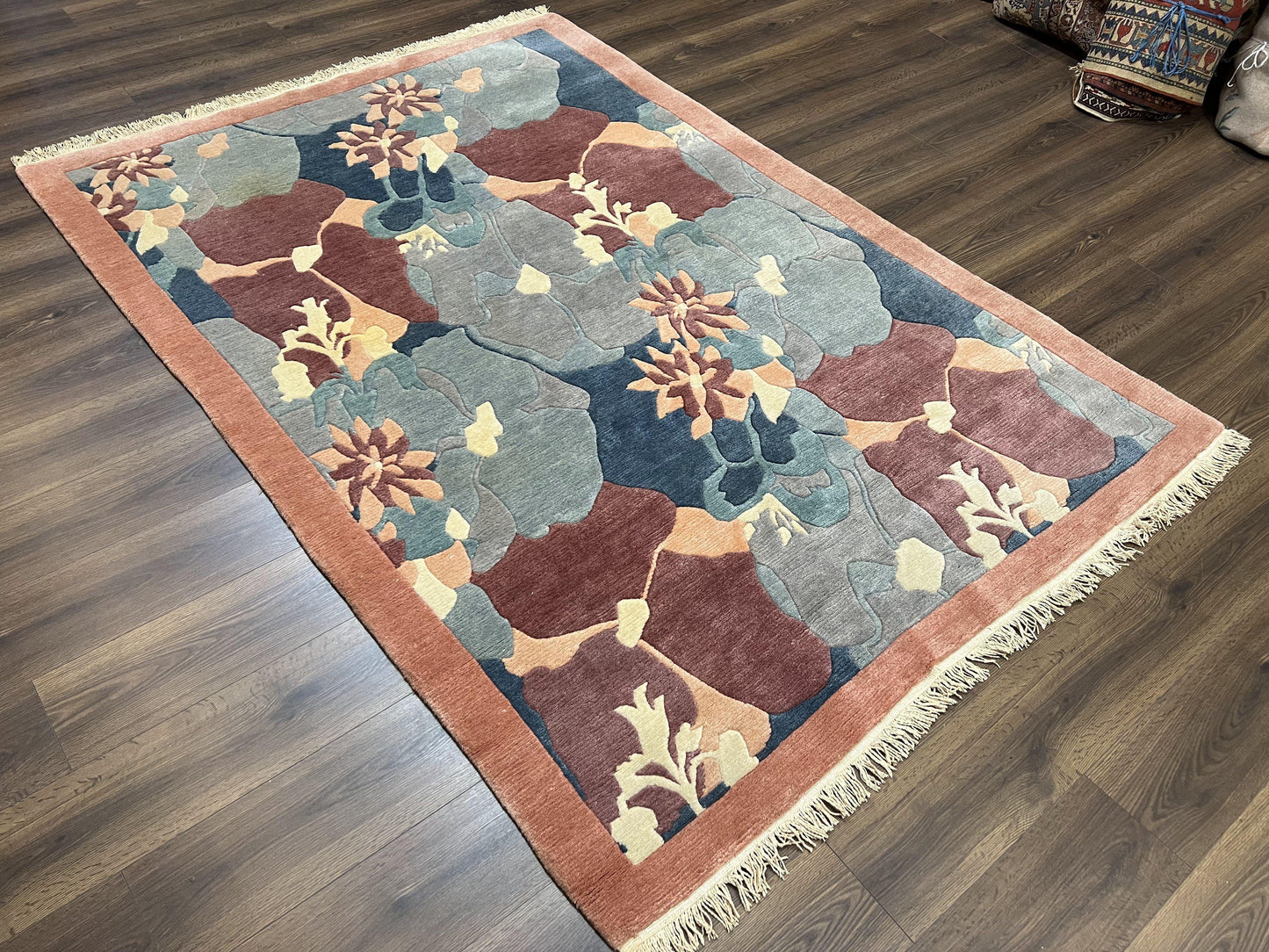 Modern Tibetan Rug 5.7 x 7.9, Abstract Multicolor Flower Pattern, Navy Blue Maroon Salmon, Soft Wool, Hand Knotted Contemporary Carpet 6x8 - Nuvé