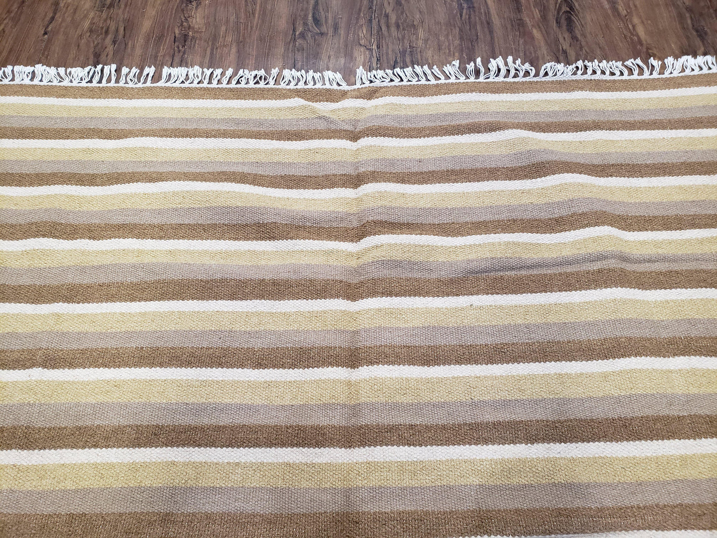 Indian Striped Blanket 6x9, Large Indo Kilim Area Rug, Earthern Tones Woolen Hand-Woven Flatweave South American Style Queen Size Bedspread - Nuvé