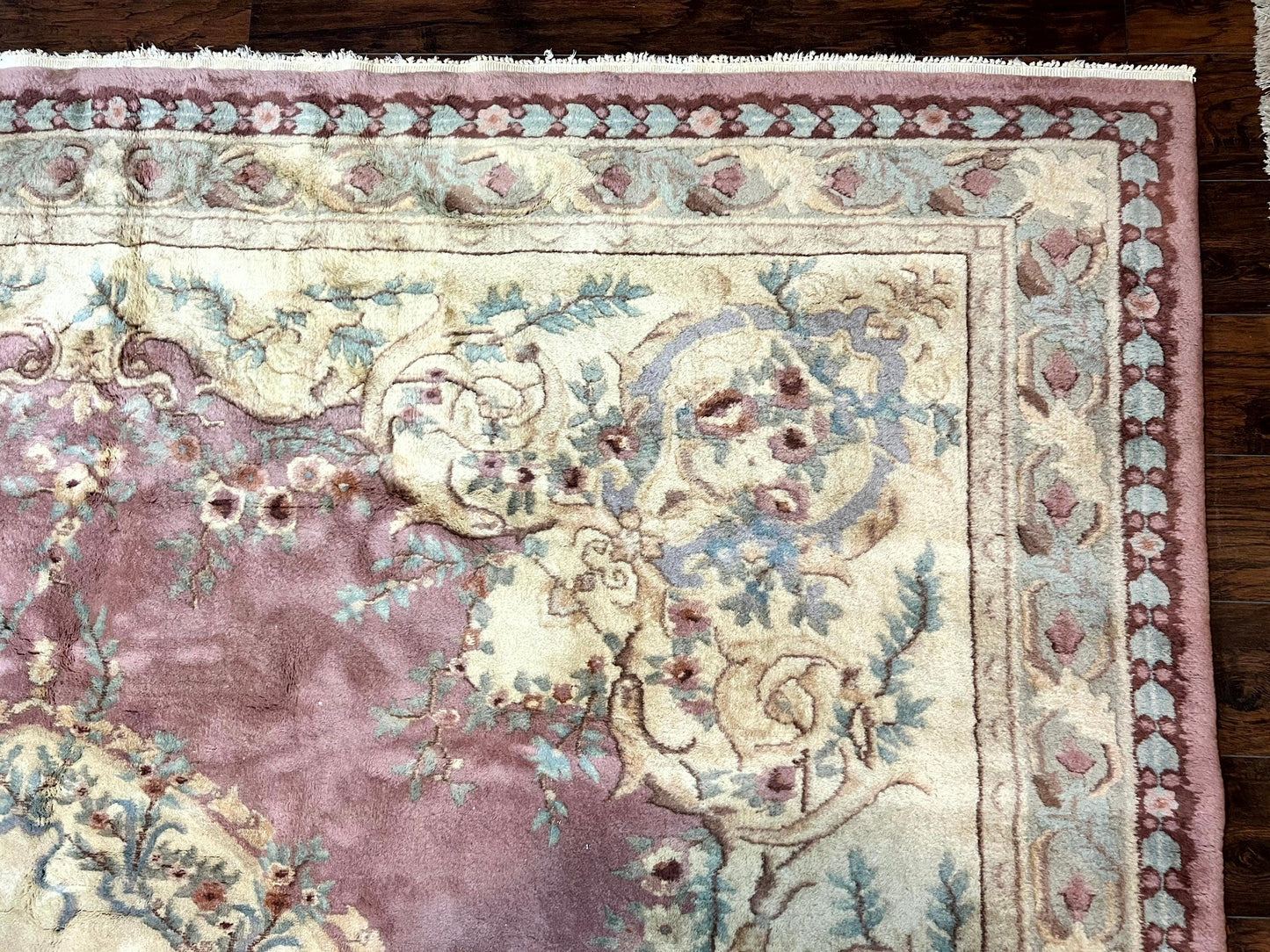 Indo Chinese Aubusson Wool Rug 10x14, Pink and Cream, Handmade Vintage Wool Carpet, Elegant European Design - Nuvé