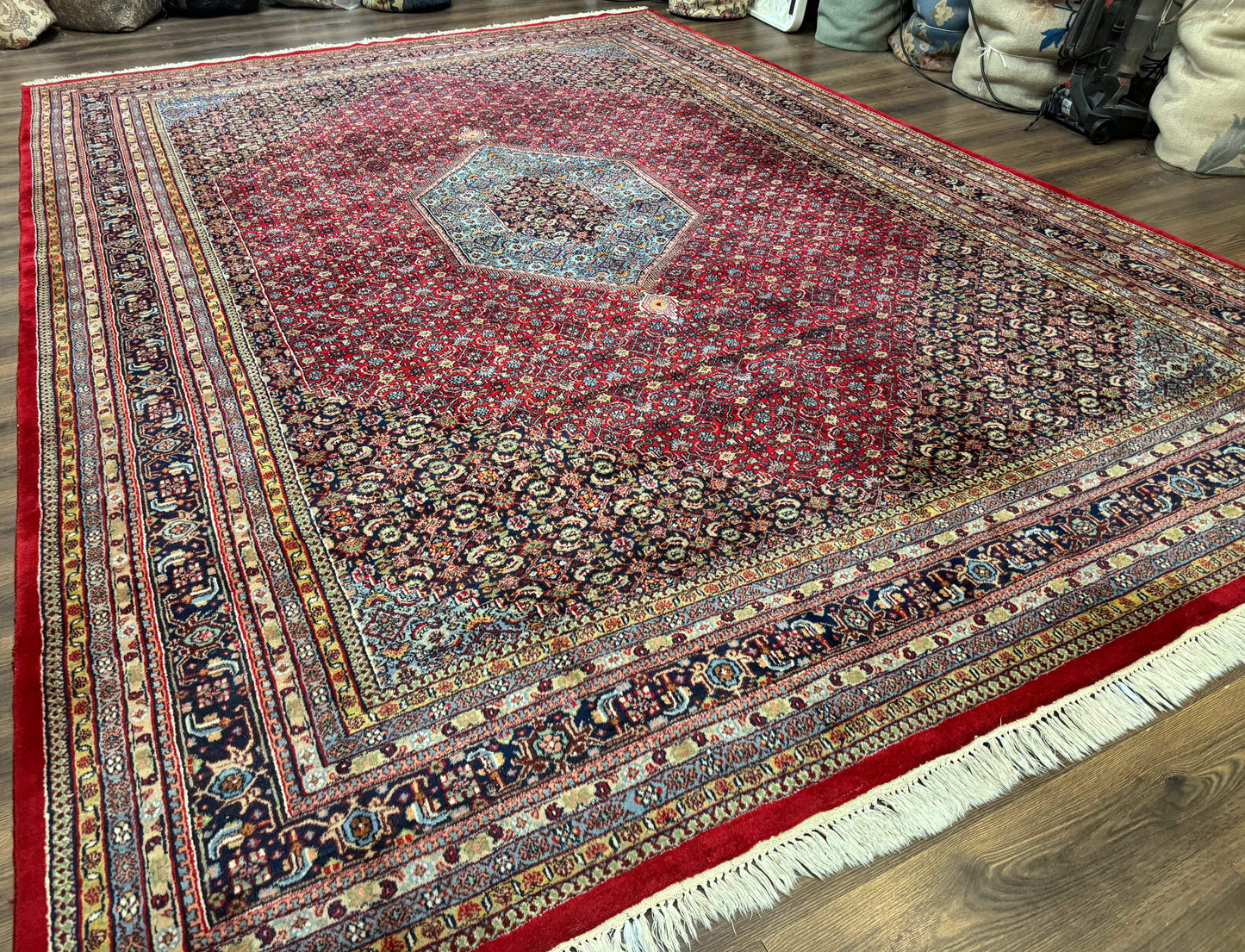 Indo Persian Bidjar Rug 10x14, Red and Dark Blue, Herati Mahi Pattern, Vintage - Nuvé