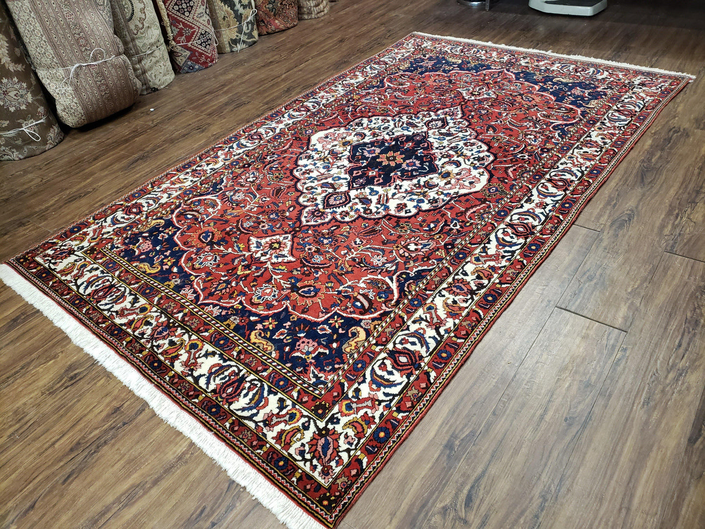 Semi Antique Persian Bakhtiari Rug, Hand-Knotted, Wool, Red, Midnight Blue, Ivory, Floral Medallion, 5'1" x 8' 6" - Nuvé