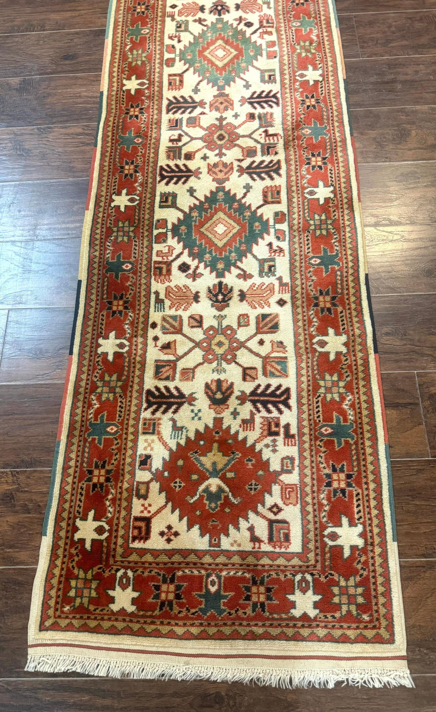 Turkish Runner Rug 2.4 x 8, Kazak Geometric Heriz Pattern, Beige Red - Nuvé