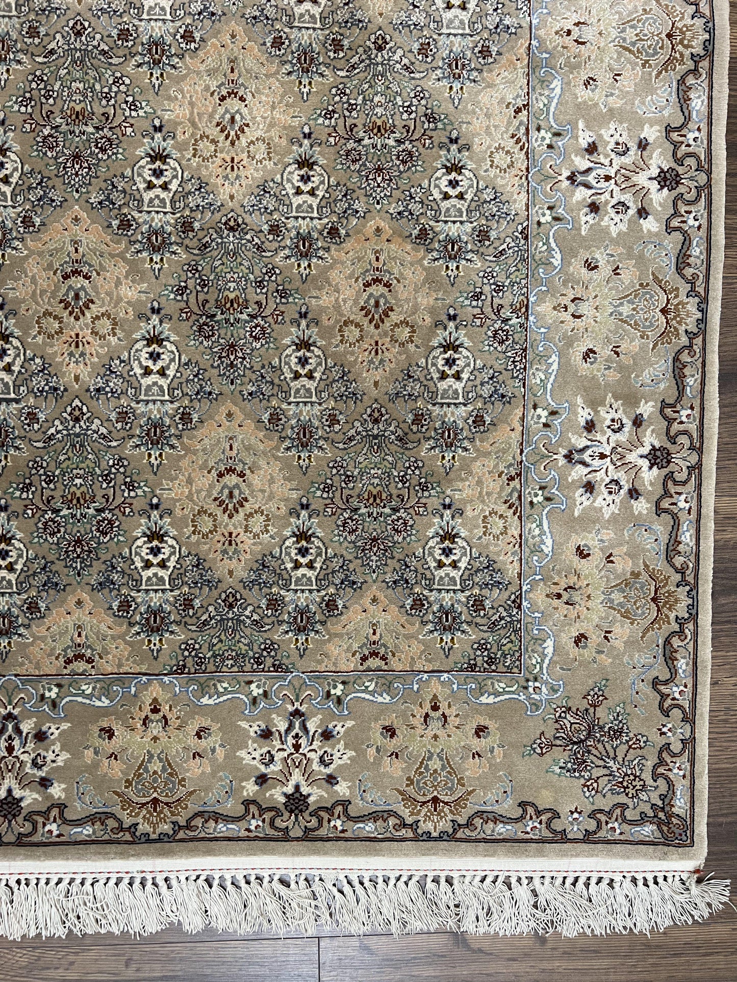 Super Fine Persian Isfahan Rug 3x5 ft, Kork Wool on Silk Foundation, Repeated Floral Motif, Taupe Tan Hand Knotted Oriental Carpet 3 x 5 ft, Signed - Nuvé