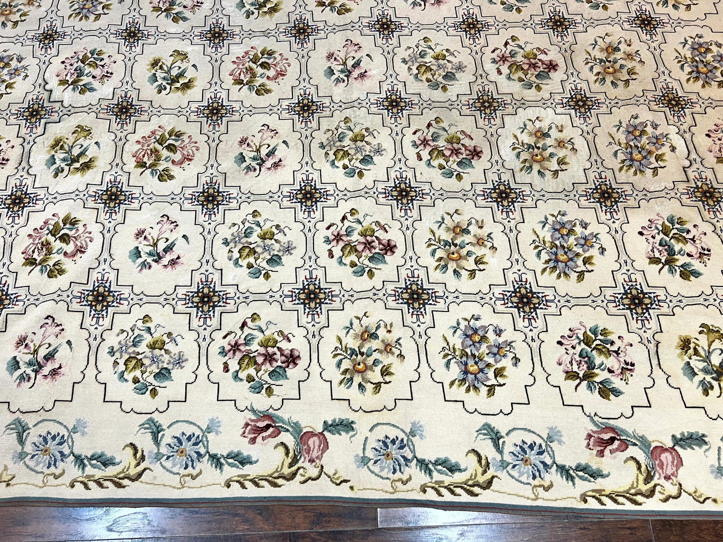 Needlepoint Rug 10x14, Wool Handmade Vintage Needlepoint Carpet, Floral Panel Design, Ivory/Cream - Nuvé