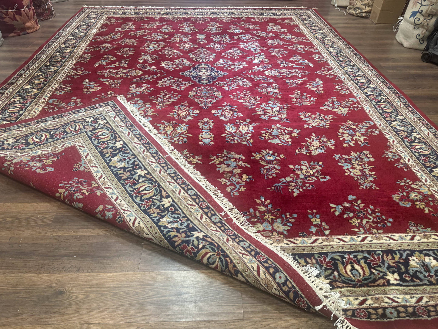 Indo Persian Sarouk Rug 10x14, Large Red and Navy Blue Carpet, Traditional Floral Wool Rug - Nuvé