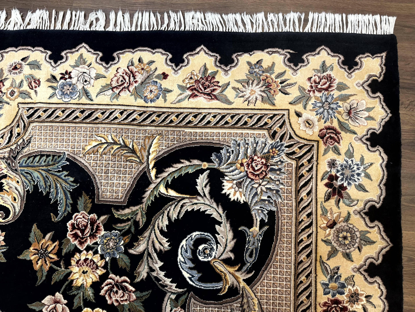 Aubusson Rug 9x12, Black and Beige, Floral, Elegant Handmade French European Design Carpet - Nuvé