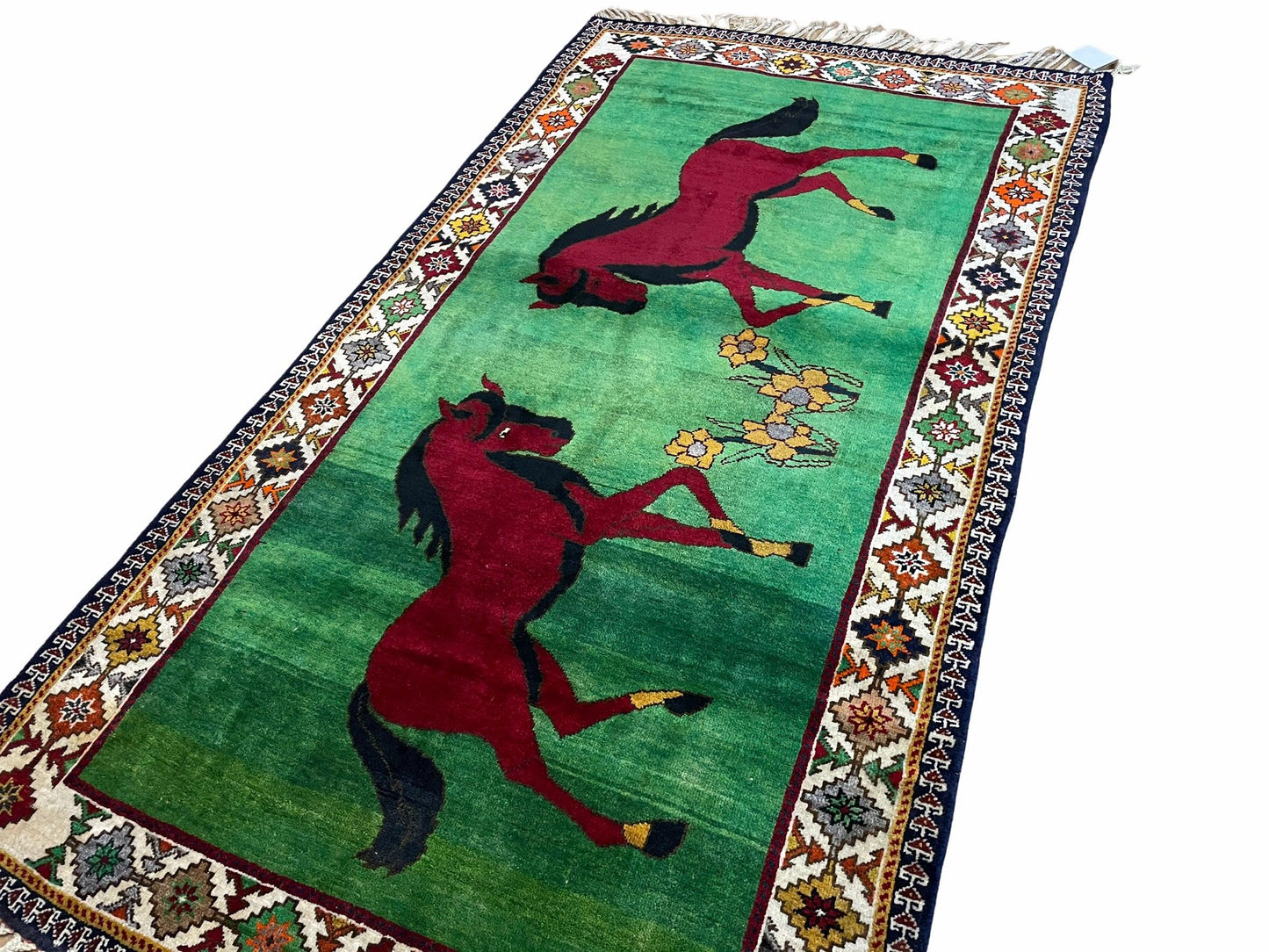 4 X 7 Handmade Rug Zagros Quality Wool Pictorial Horses Green Butterfly Colorful - Nuvé