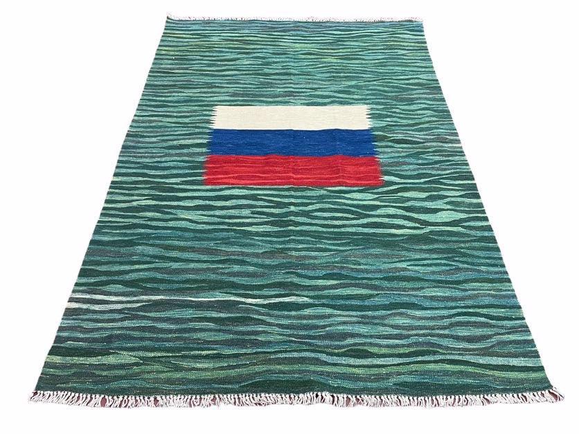 Sea Green Kilim Area Rug, White Blue Red Stripes, Russian Flag Rug, Flatweave Hand Knotted Carpet, Turkish Carpet, Wool, New, 5' 6" x 7' 10" - Nuvé