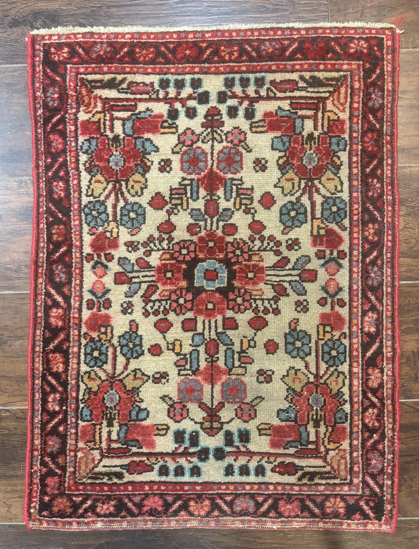 Small Antique Persian Rug 2x3, Beige and Red, Floral, Wool, Hamadan Rug - Nuvé