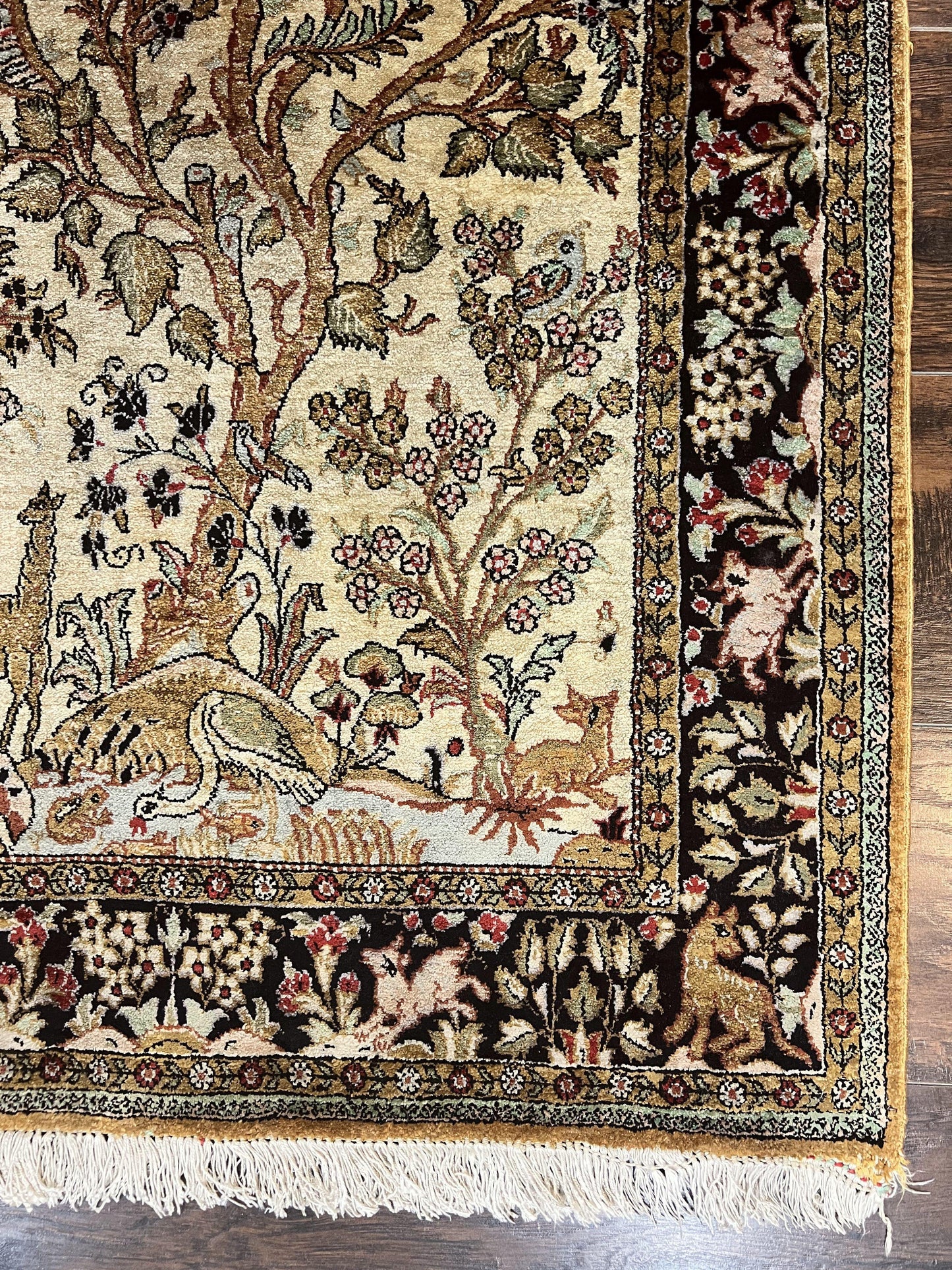 Silk Tree of Life Persian Qum Rug 3x4, Hand Knotted Vintage Carpet, Cream & Black, Very Fine Oriental Rug, Animal Pictorials, Birds - Nuvé