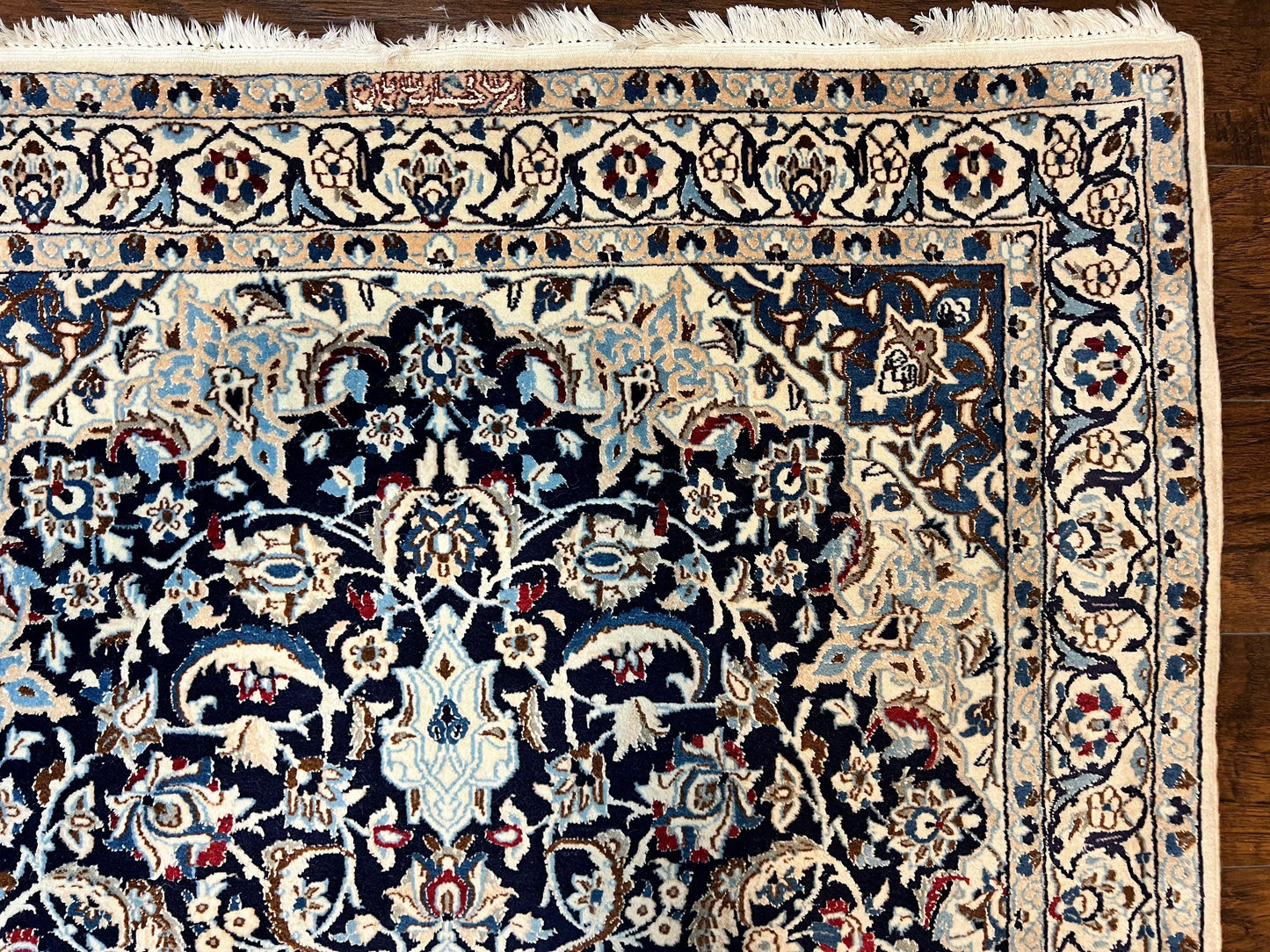 Persian Nain Rug 4x6, Floral, Hand Knotted Vintage Wool & Silk Highlights, Signature from Masterweaver, Navy Blue and Ivory - Nuvé