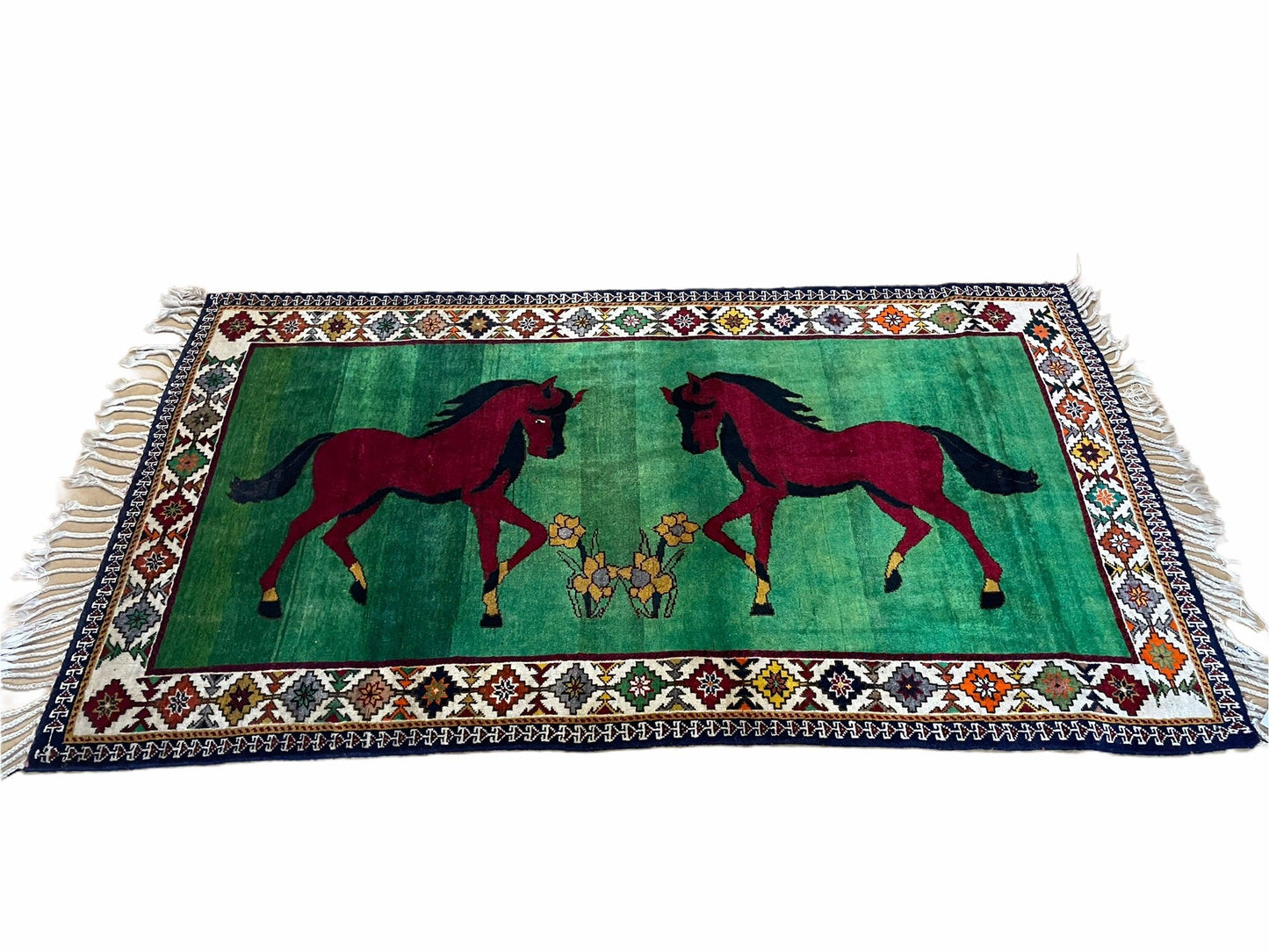 4 X 7 Handmade Rug Zagros Quality Wool Pictorial Horses Green Butterfly Colorful - Nuvé